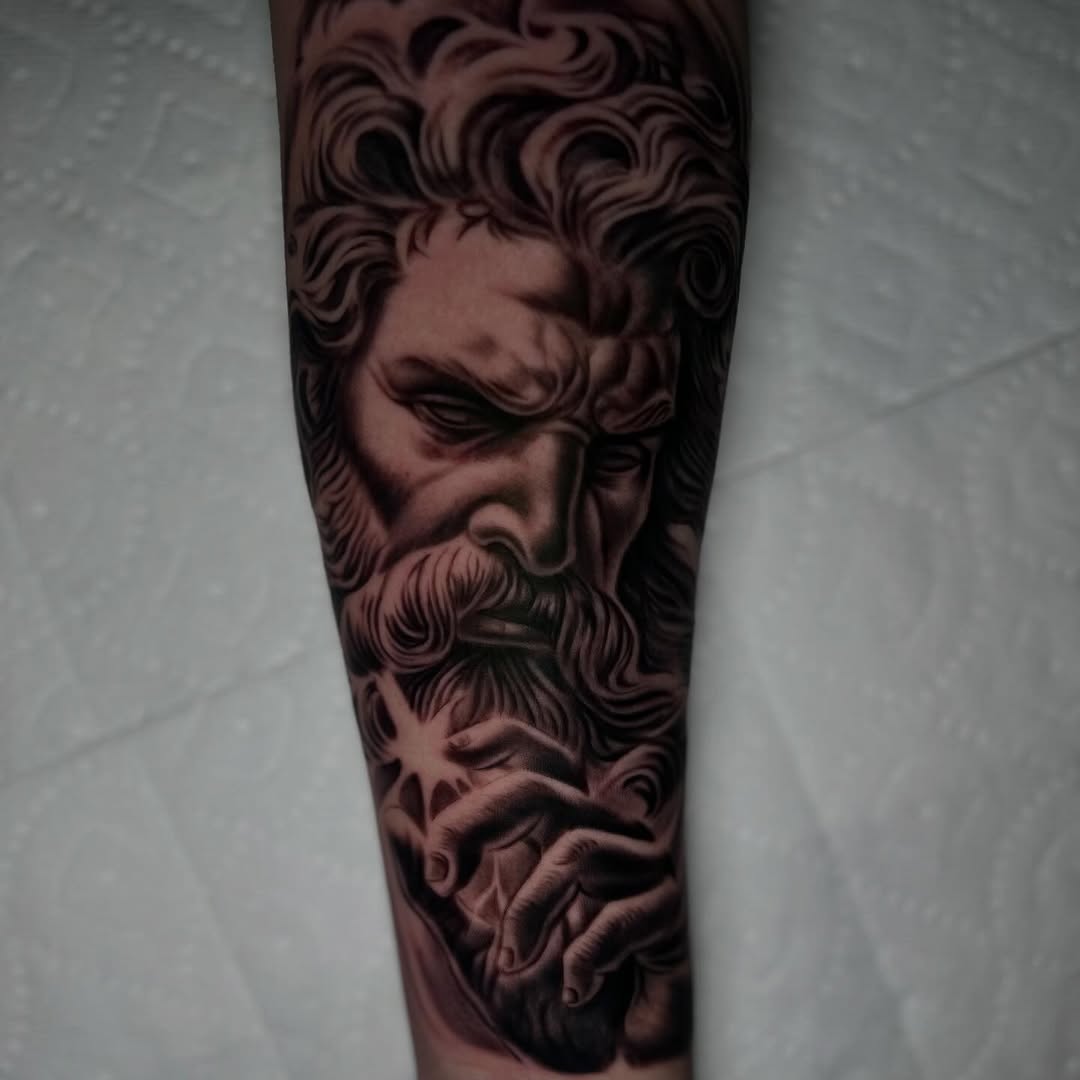 Mythological figure surrealism tattoo on the forearm by Kevyn Vidal