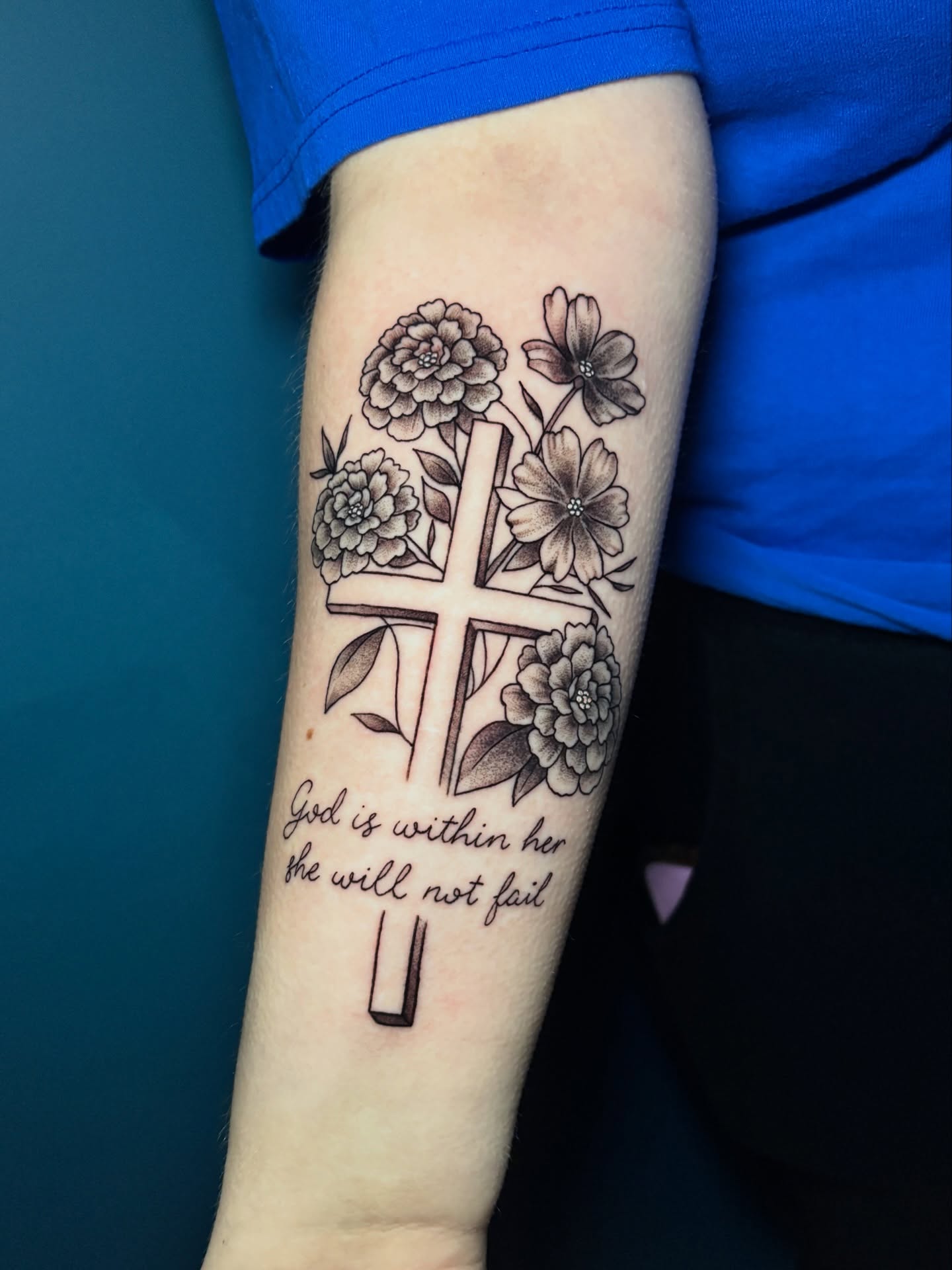 Cross with flowers black and grey tattoo on the forearm by 🌸Mandy Blossoms🌸The Cosplaying Tattoo Artist🌸