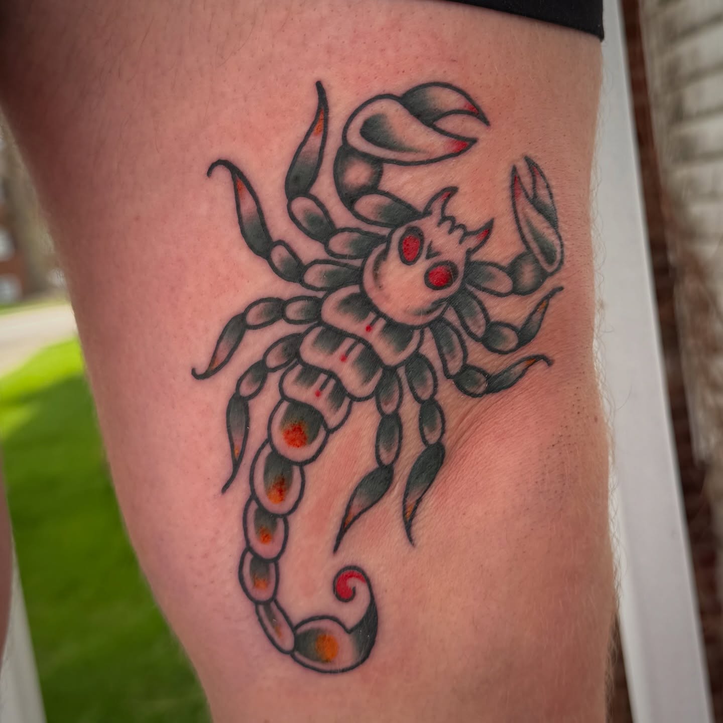 Scorpion American traditional tattoo on the thigh by abbey pickens 🧚 cleveland ohio