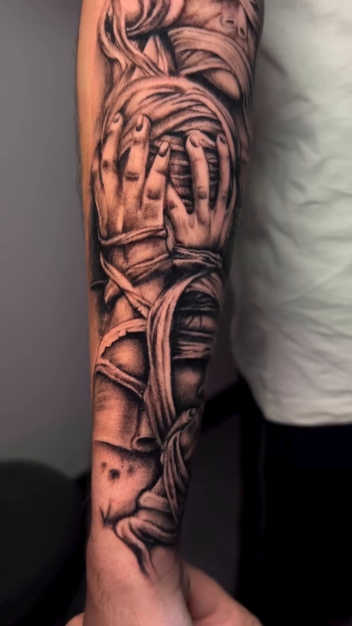 Mummy figure and bandages realism tattoo by 📍 Austin