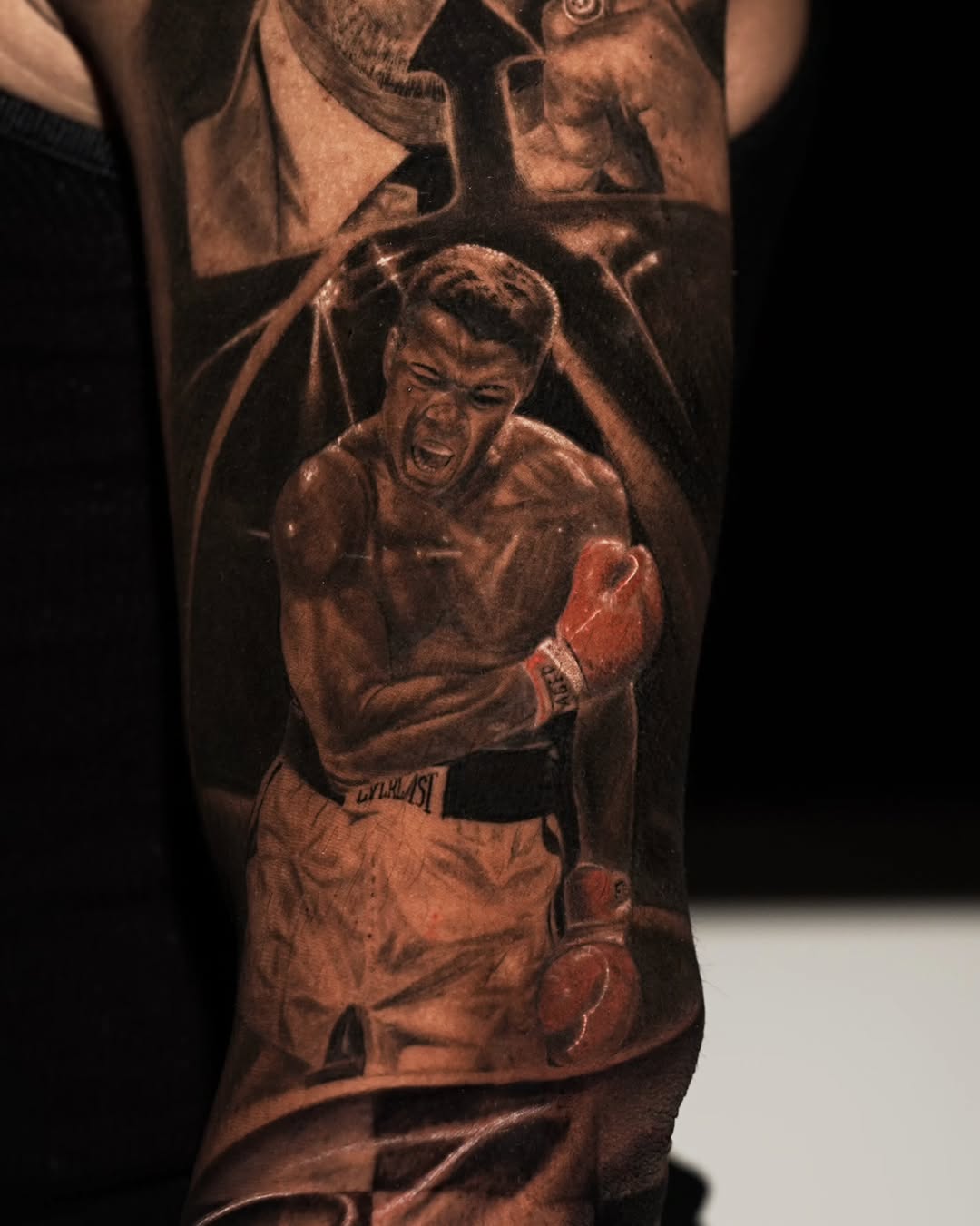 Muhammad Ali boxing realism tattoo on the forearm by Baxtertattoo