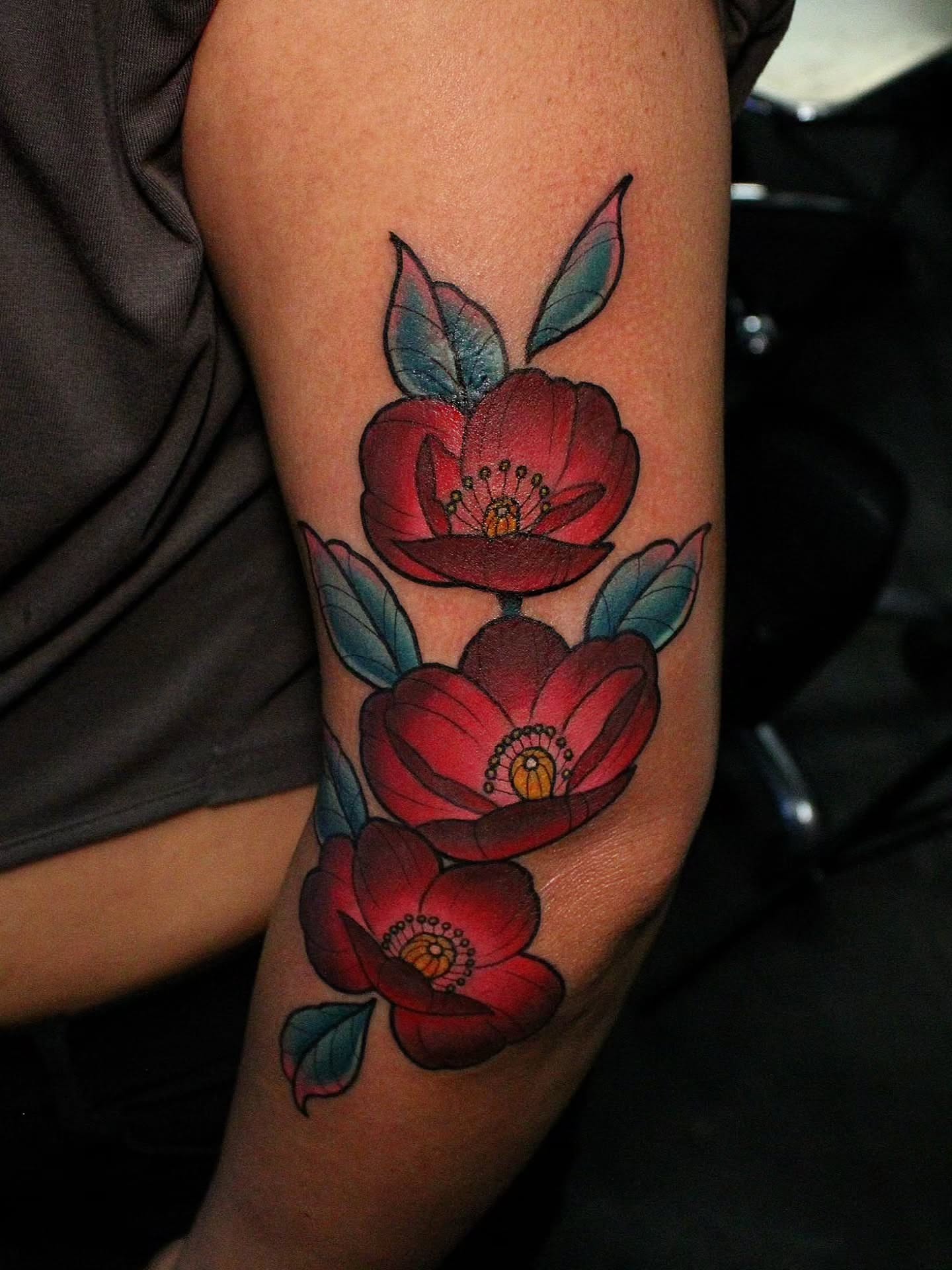 Flowers American traditional tattoo on the forearm by Joey Vinci, Phoenix, Arizona