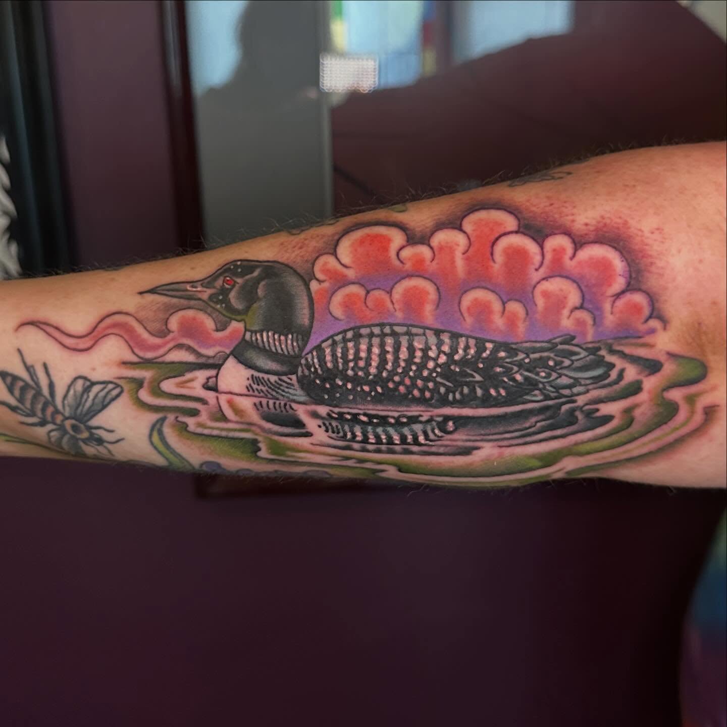 Loon American traditional tattoo on the forearm by Stacey Colangelo
