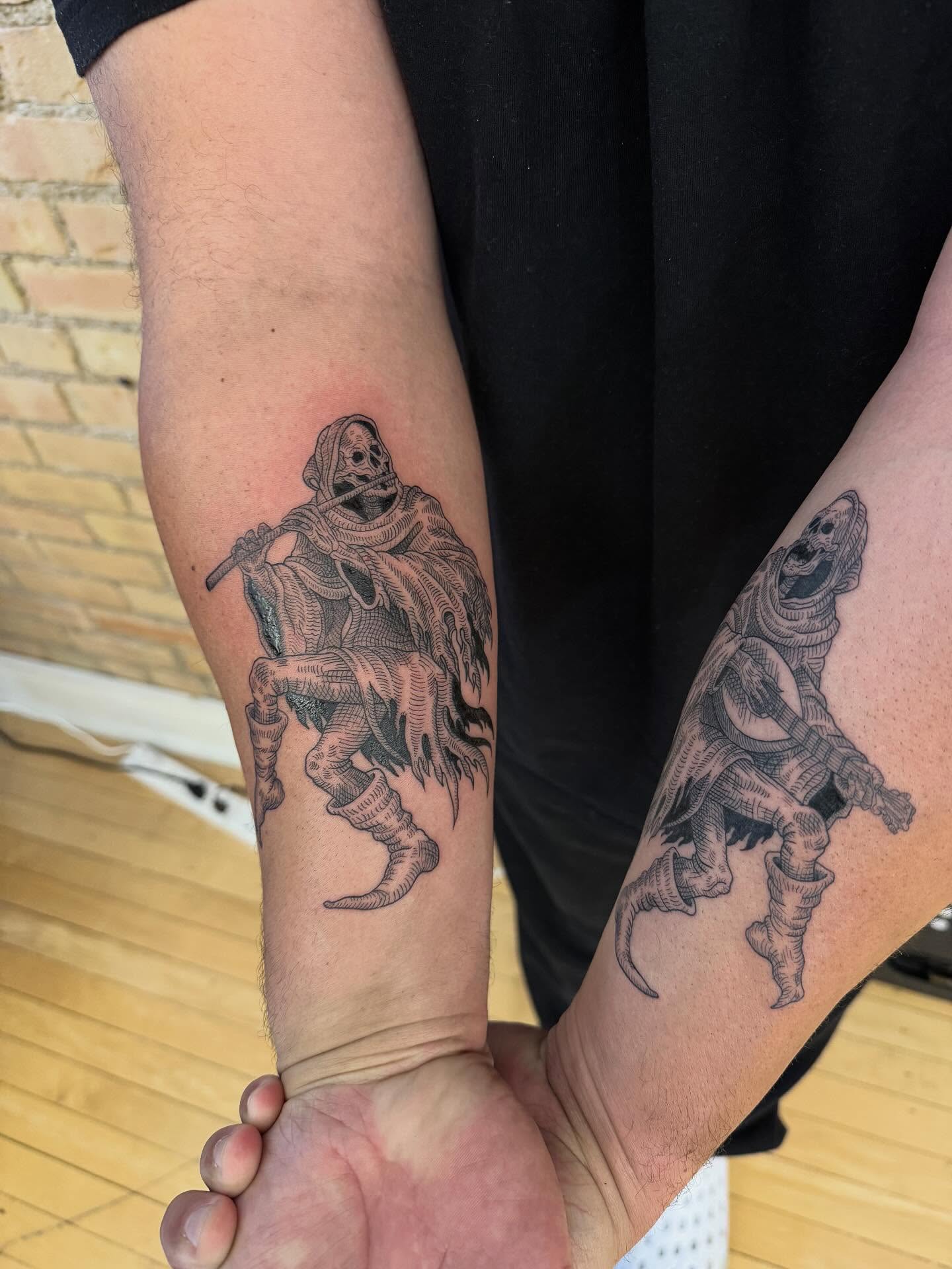 Skeleton warrior black and grey tattoo on the forearm by Dre