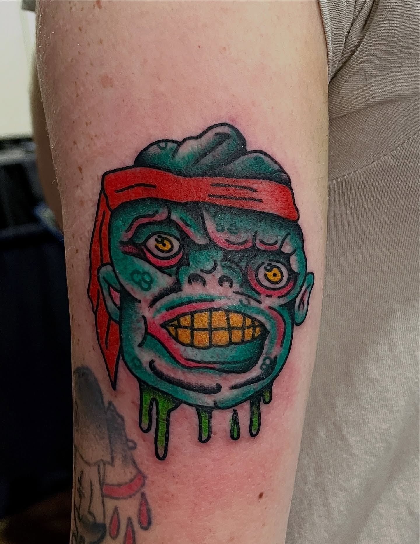 Zombie head American traditional tattoo on the forearm by atomlenhart, Lancaster, Pennsylvania