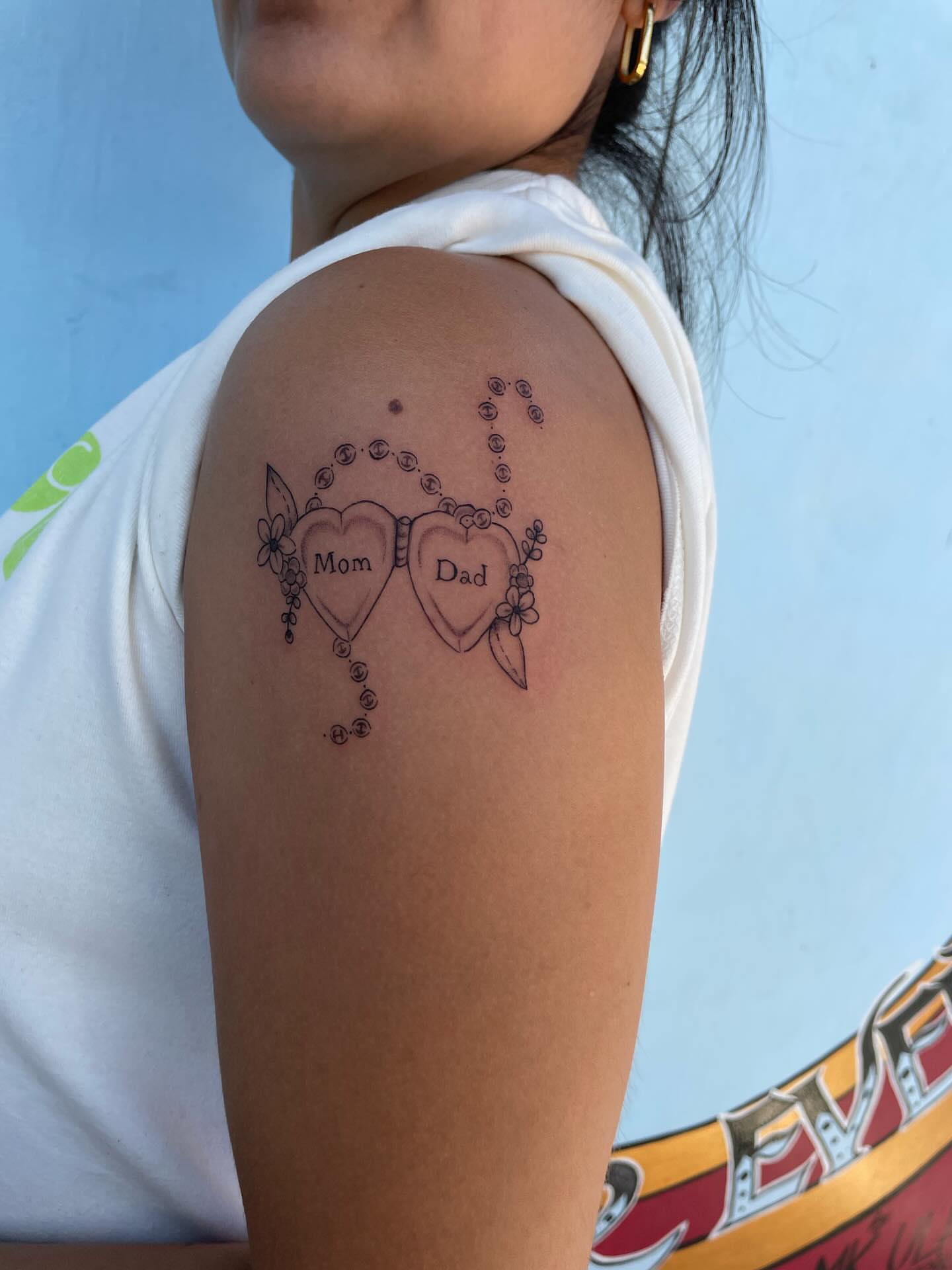 Joined hearts black and grey tattoo on the shoulder by ‧₊˚ ☁️⋅♡ ‧₊