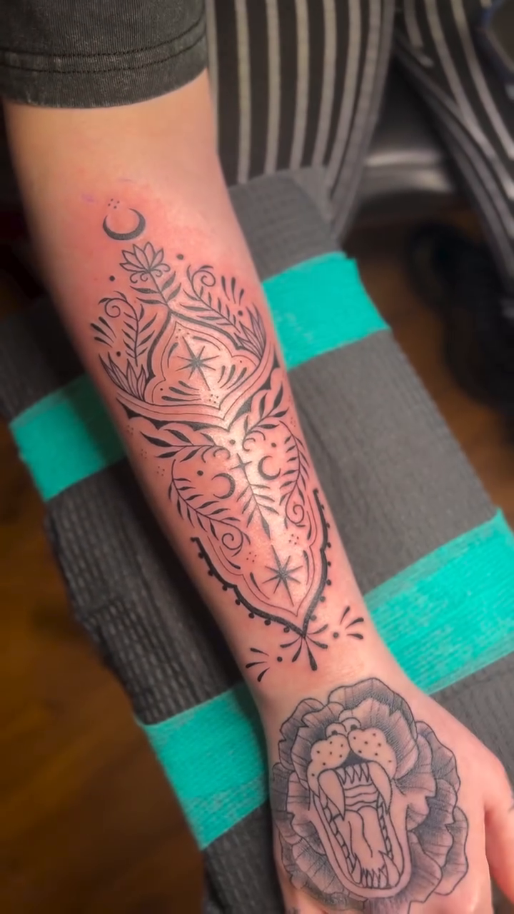 Mandala with moon and stars ornamental tattoo on the forearm by ๐ Michelle ๐