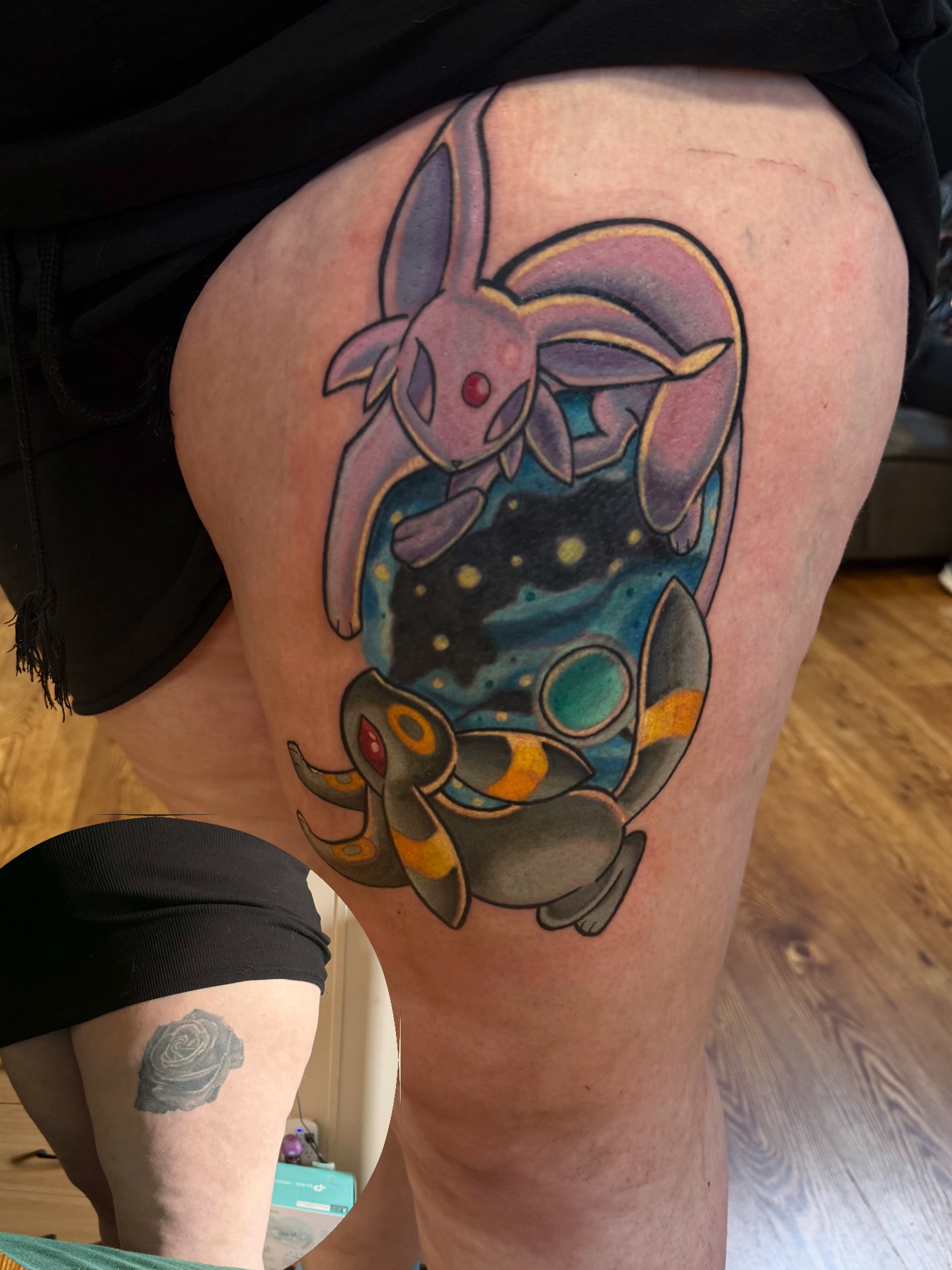 Eevee dotwork tattoo on the thigh by joshua sides