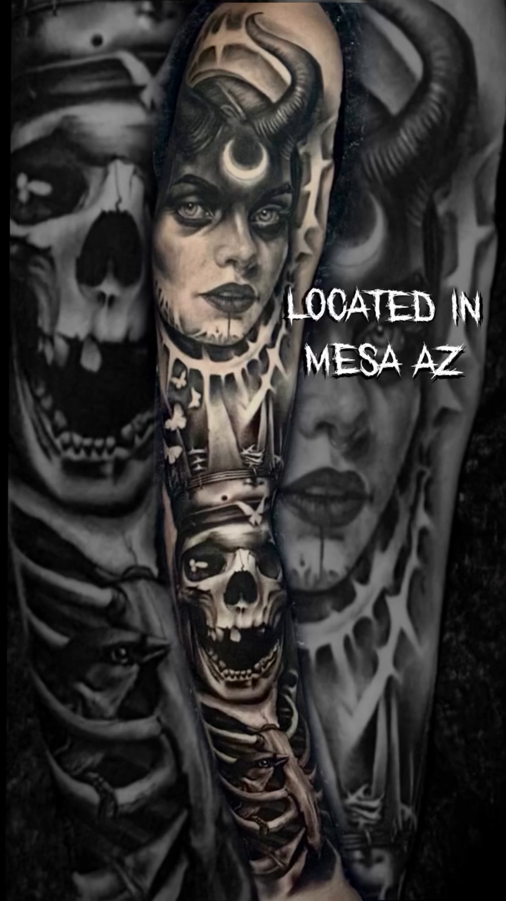 Woman with horns and skulls realism tattoo by Ian Vanderwerff