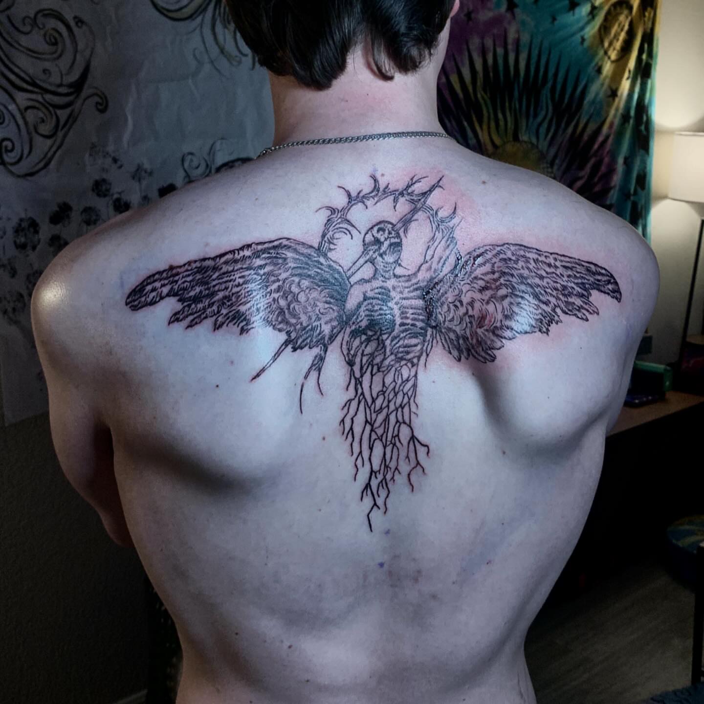 Owl with roots realism tattoo on the back by Cullen-Lee