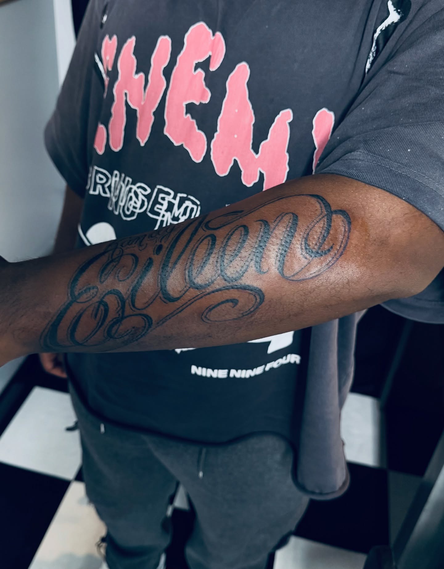 Script lettering lettering script tattoo on the forearm by Gabe Rosen