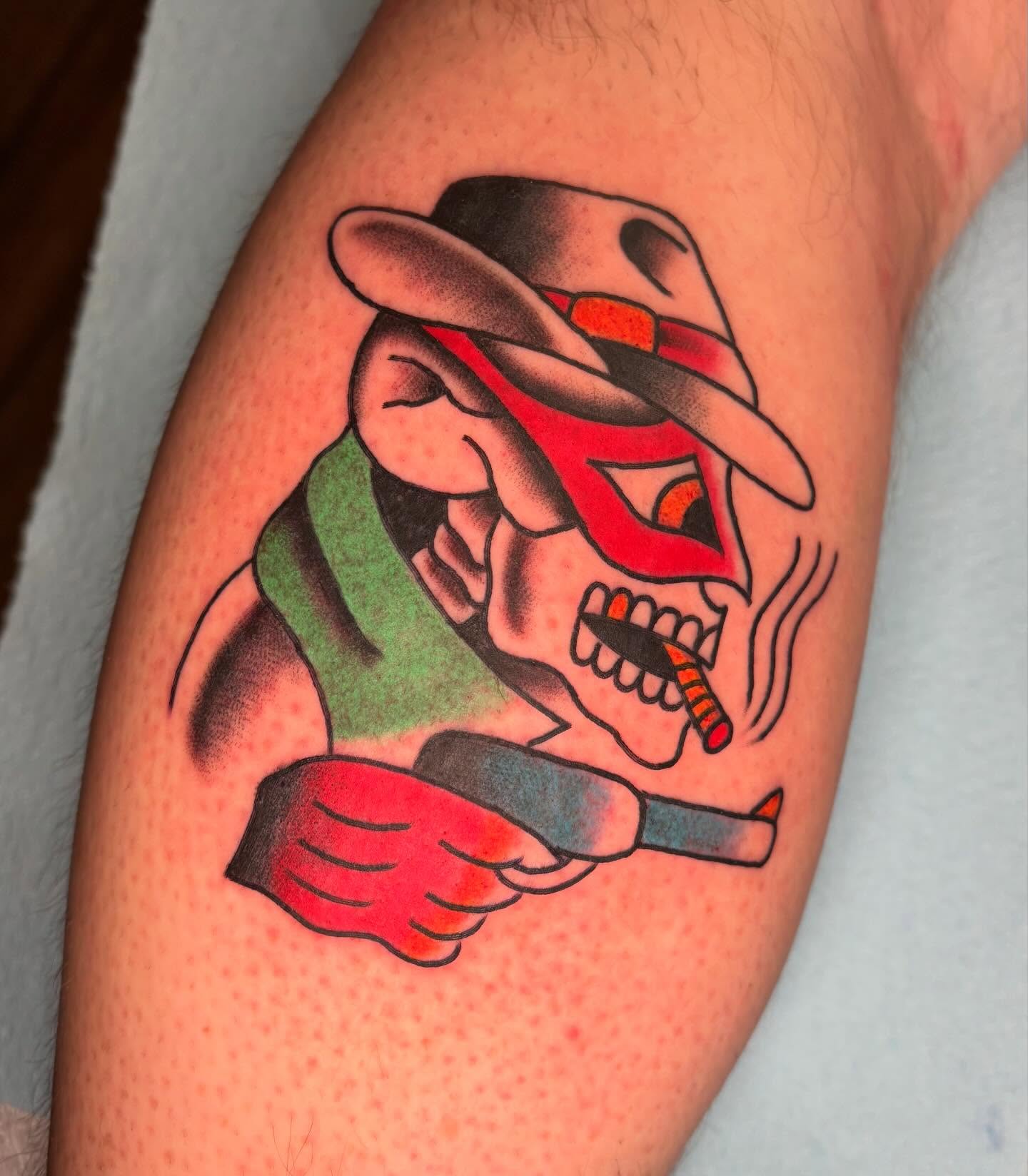 Skull wearing hat American traditional tattoo on the forearm by @spicy.curry.tattoos
