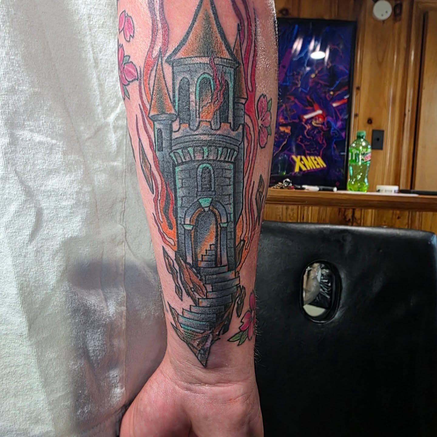 Castle neo-traditional tattoo on the forearm by Rusty Williams