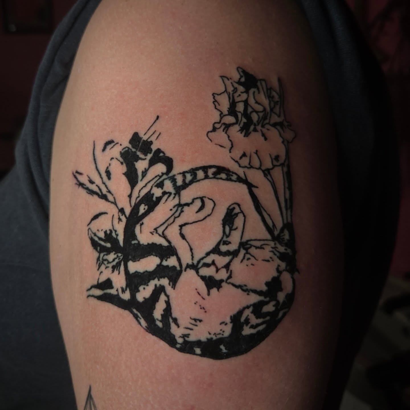 Flower and bird black and grey tattoo on the shoulder by Lane