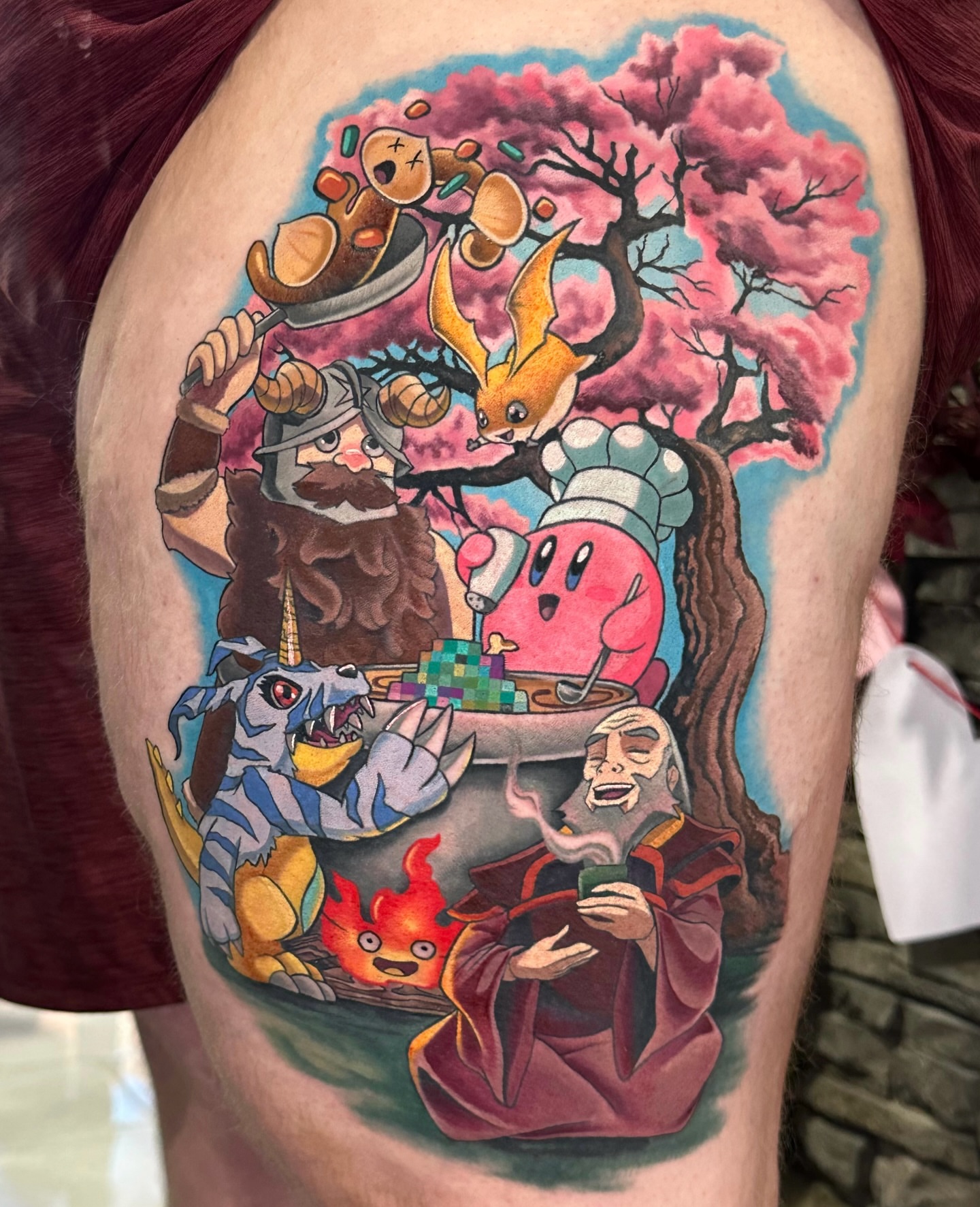 Fantasy characters dotwork tattoo on the thigh by Chynna J El-Ayazra