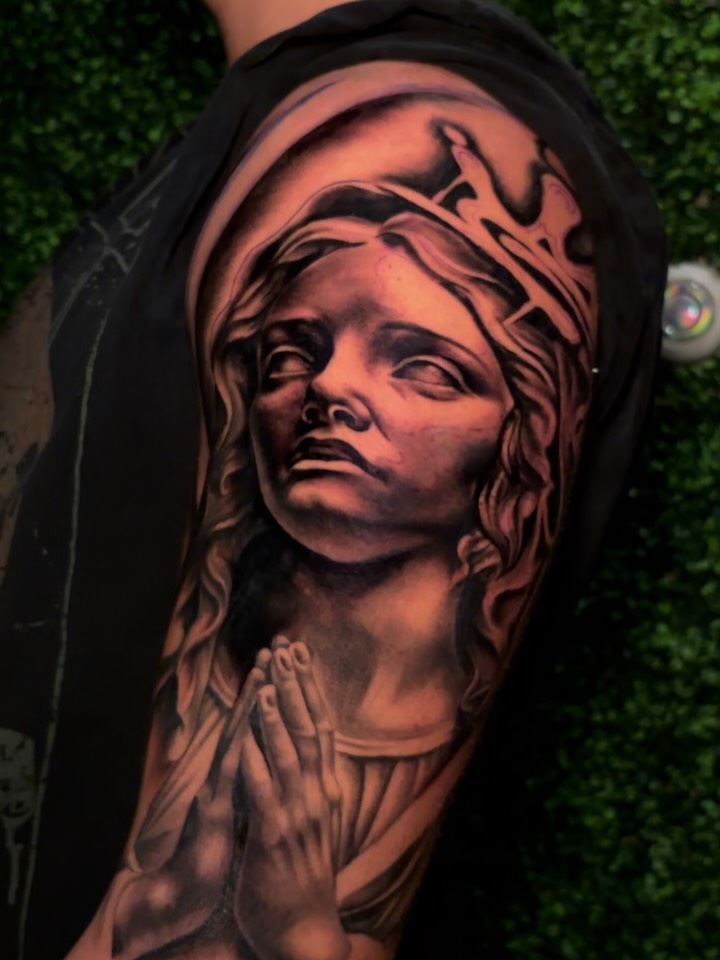 Praying woman realism tattoo on the forearm by Bella Buonopane