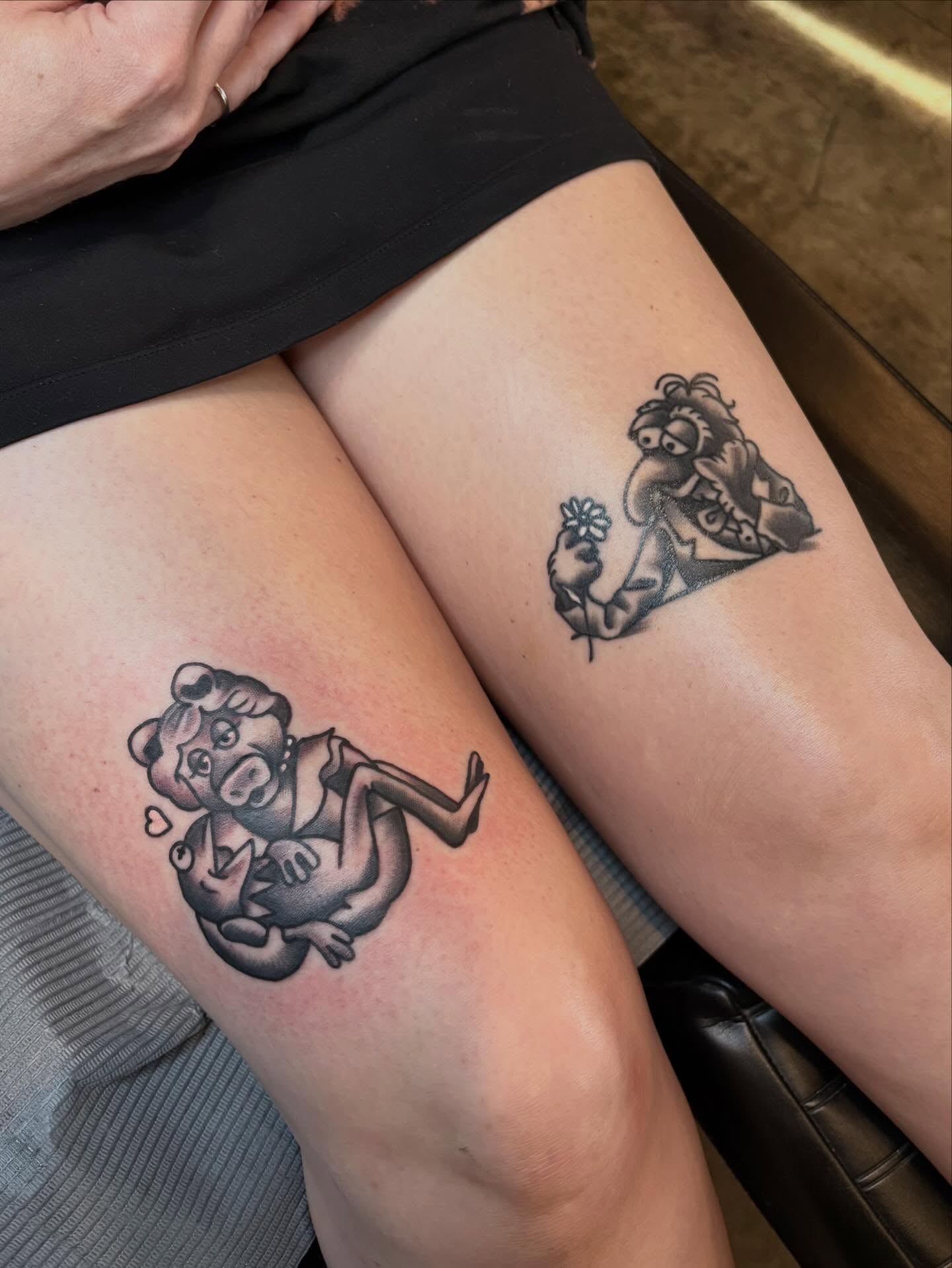 Pig and woman black and grey tattoo on the thigh by Mim