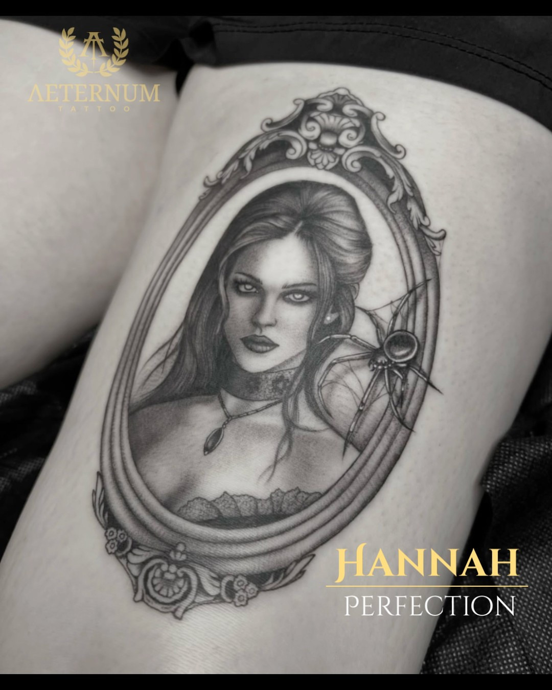 Portrait realism tattoo on the thigh by ✶ H A N N A H K A y ✶