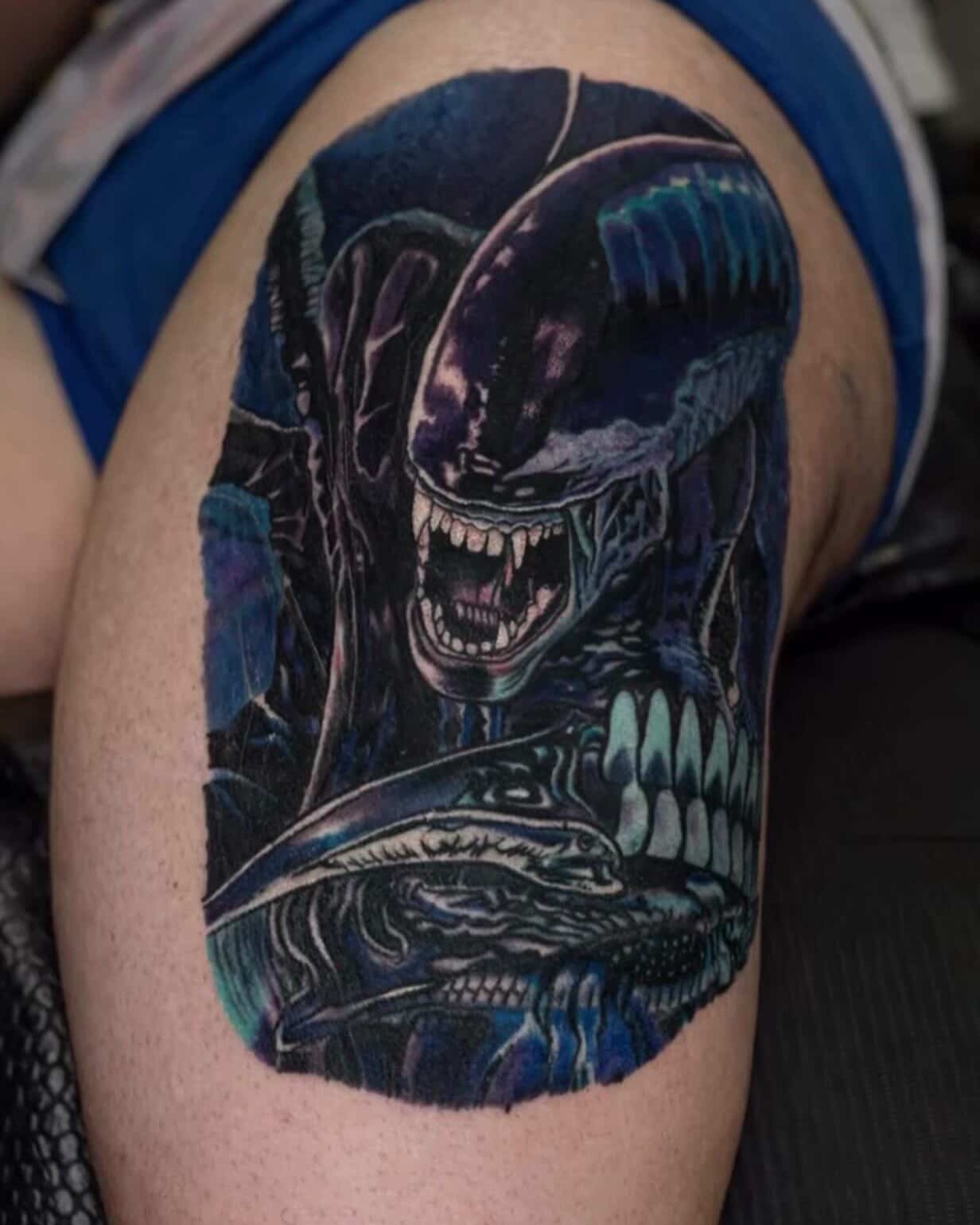 Alien xenomorph dark realism tattoo on the thigh by Shake_tatts