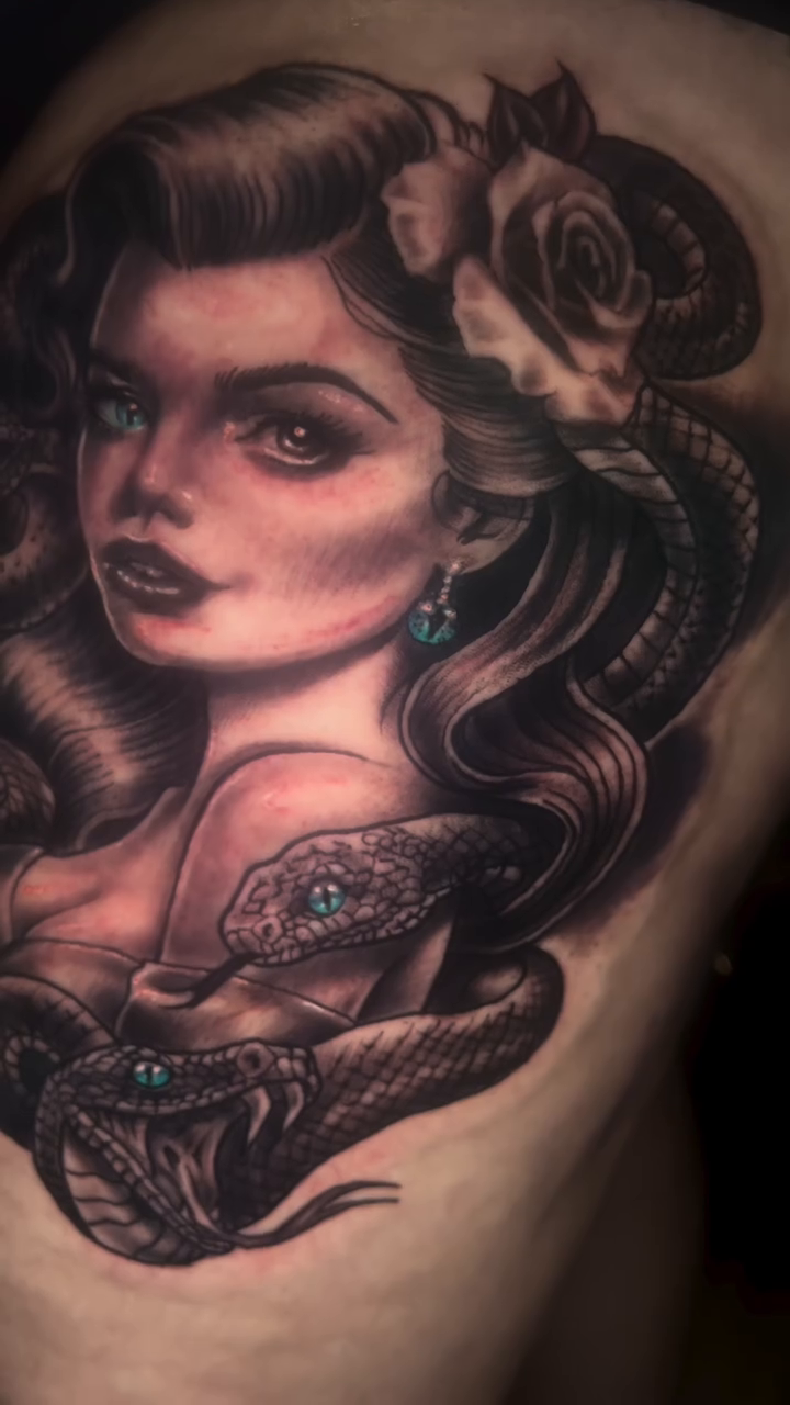 Woman with snakes realism tattoo by Monstro Ink Arts Tattoos, Bakersfield, California