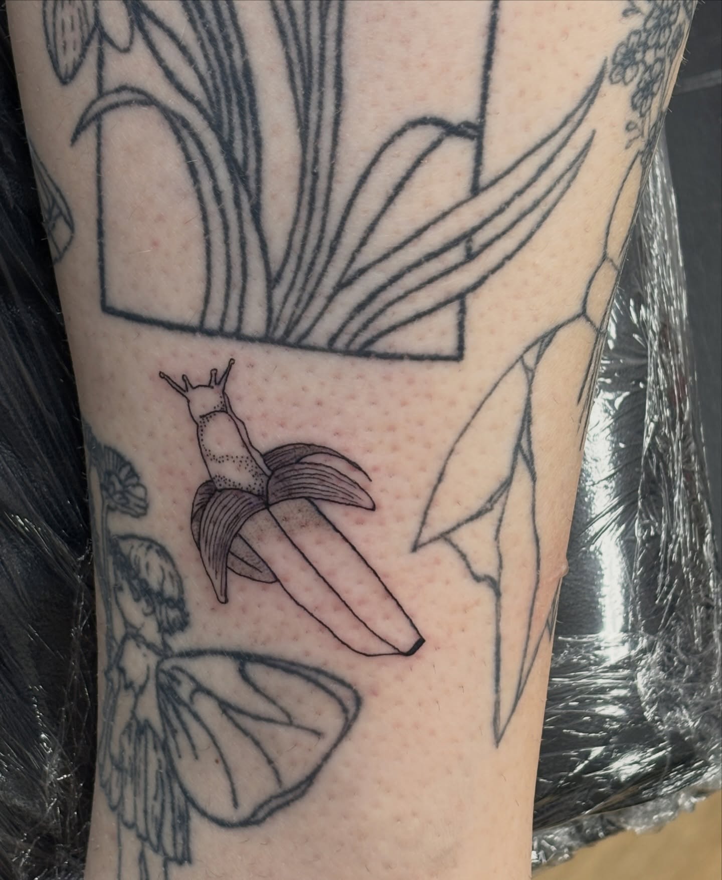 Banana and snail dotwork tattoo on the forearm by Maddie