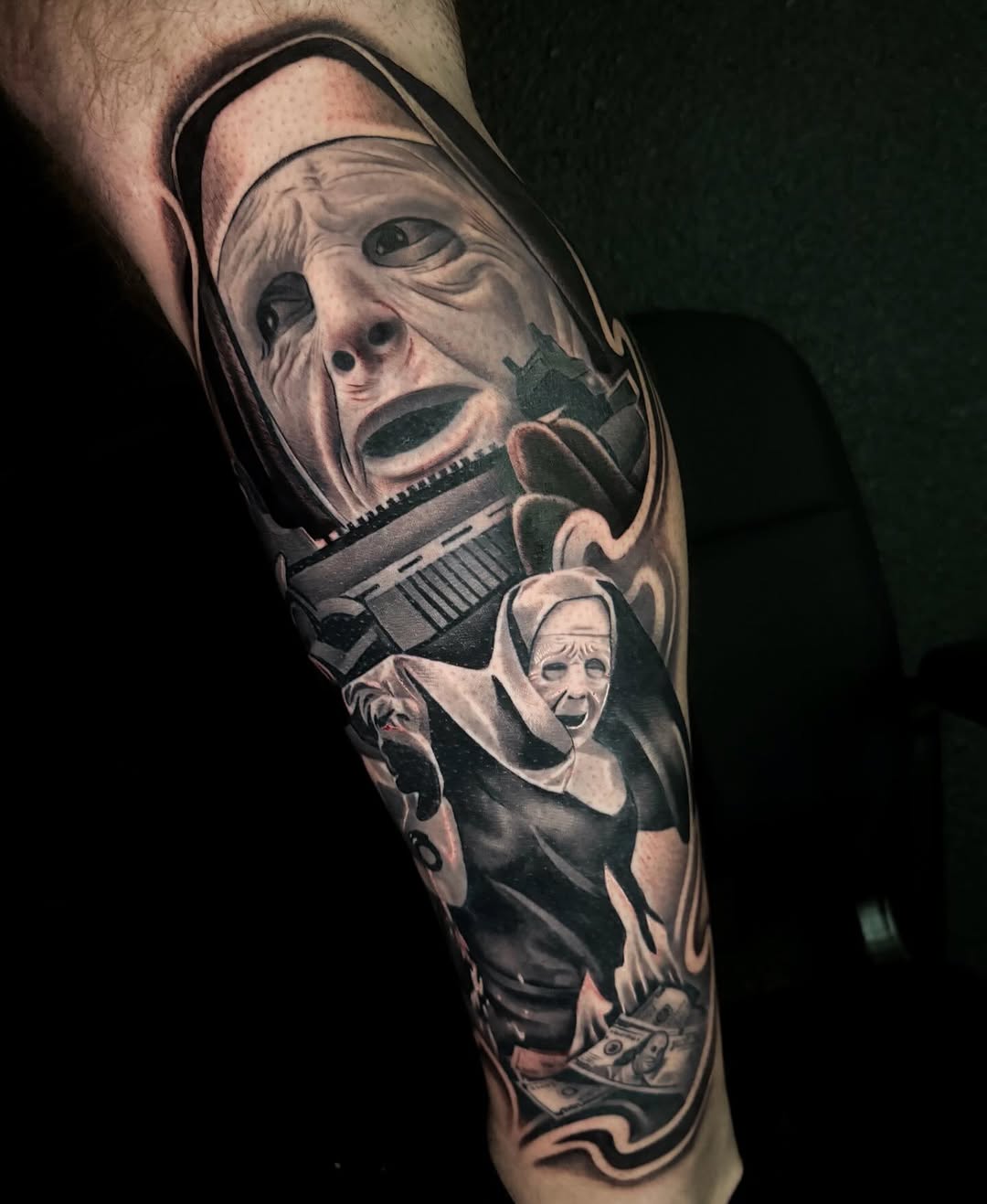 Nun with gun and money realism tattoo on the forearm by DH Tattooing