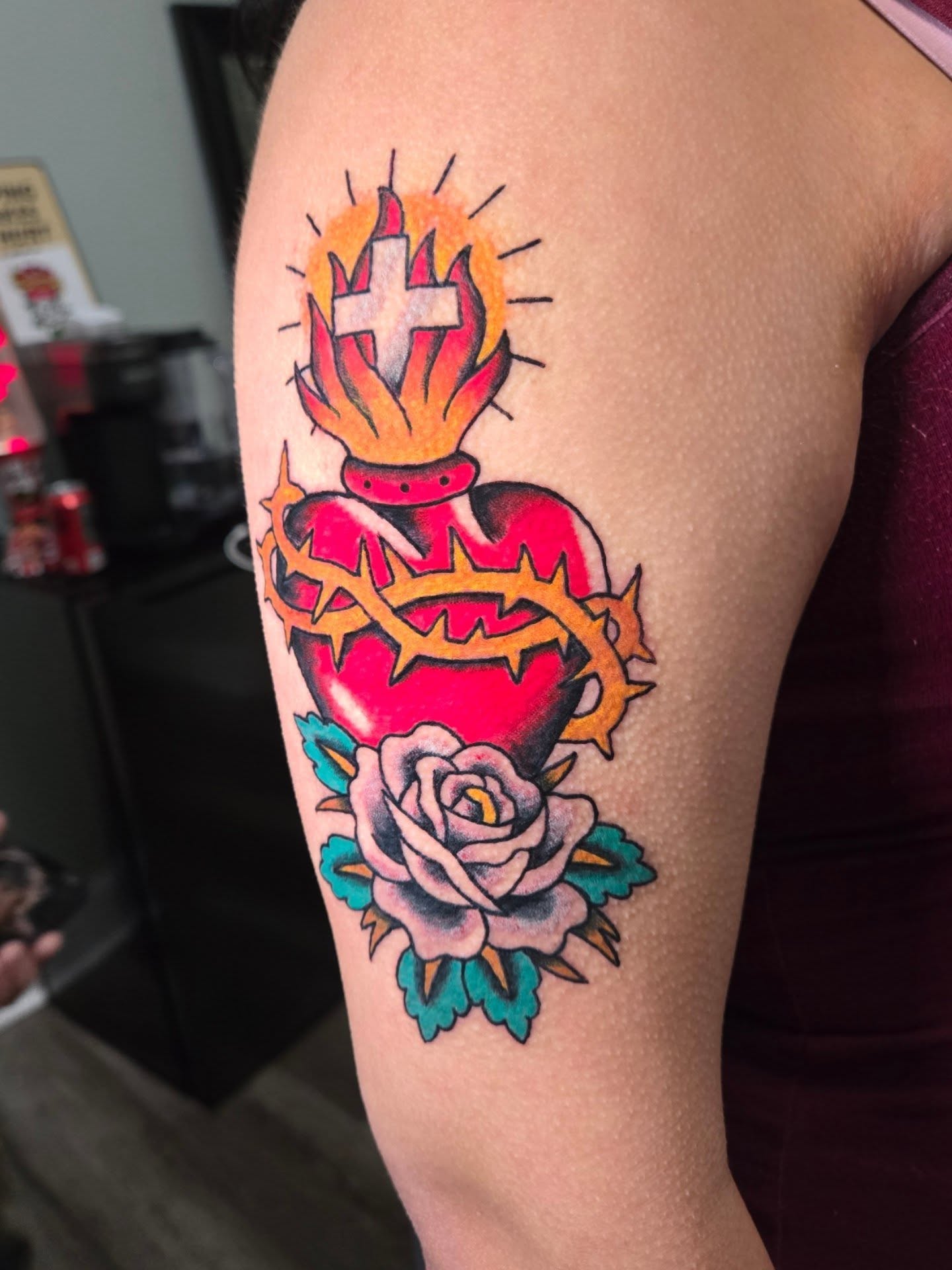 Heart with crown and rose American traditional tattoo on the forearm by Matt Page