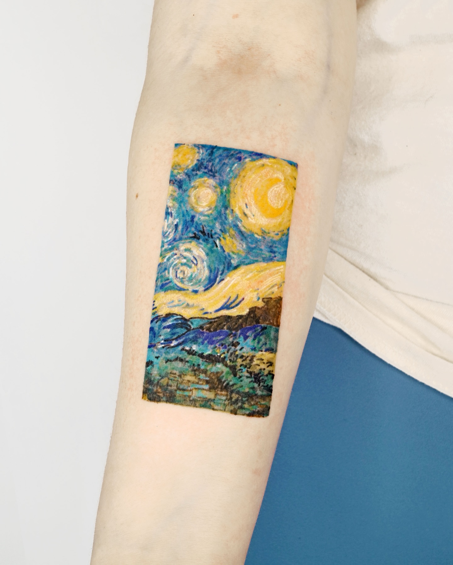 Starry night dotwork tattoo on the forearm by Aroha