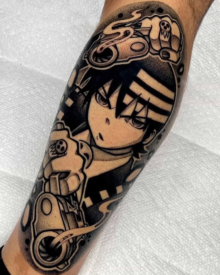 Anime character dotwork tattoo on the forearm by Anastasia Vives