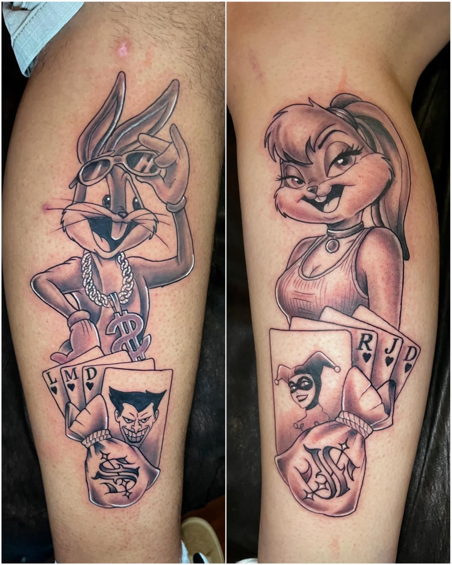 Looney Tunes characters American traditional tattoo on the thigh by Nick Andrade Las Vegas Tattoo Artist