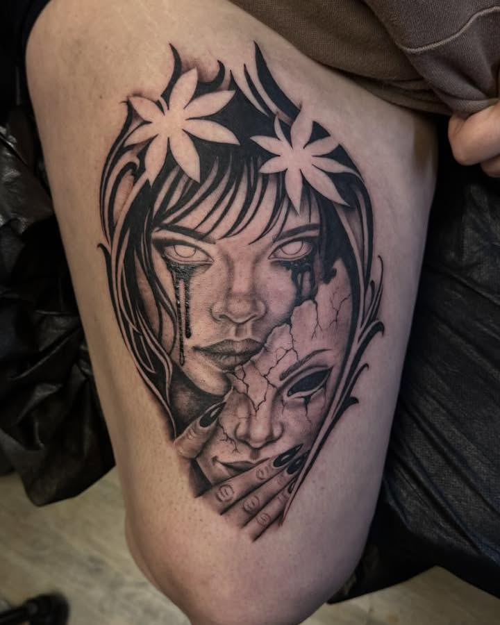 Woman's face realism tattoo on the thigh by Madison Jasso