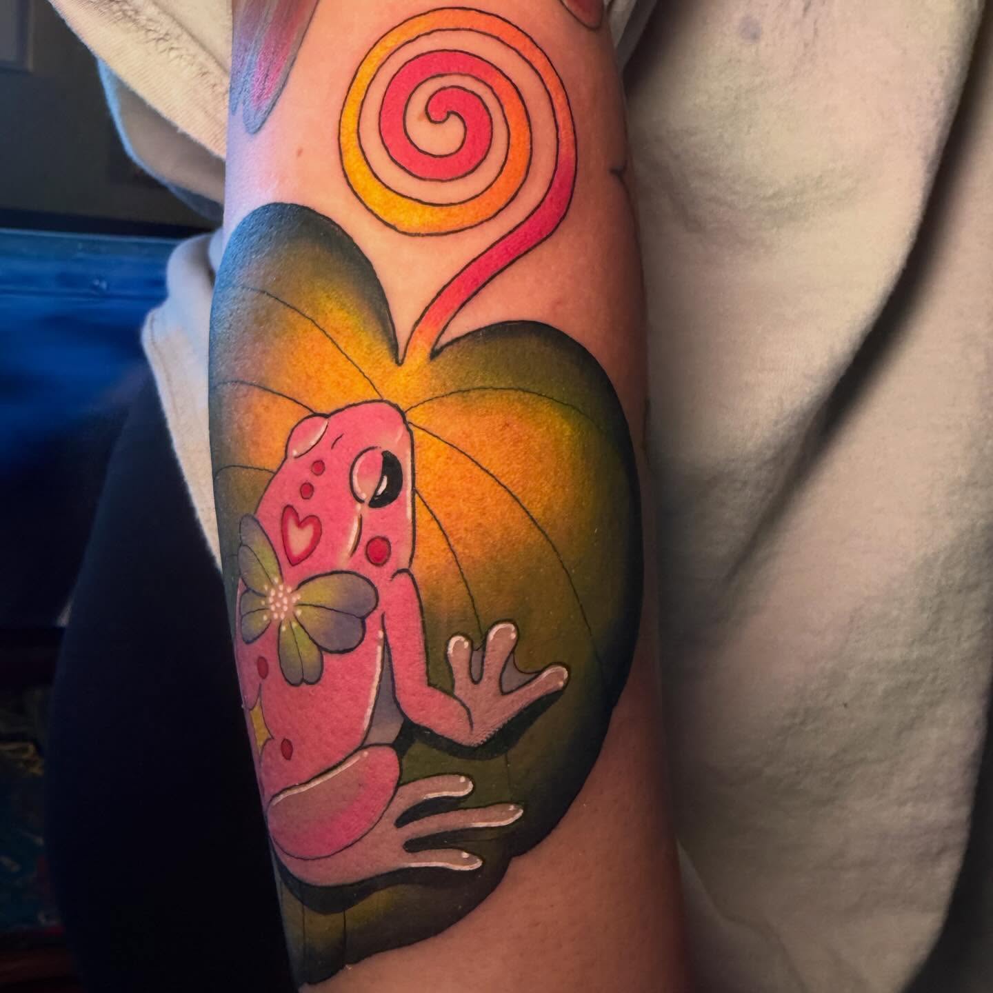 Frog new school tattoo on the forearm by Reagan Mauldin