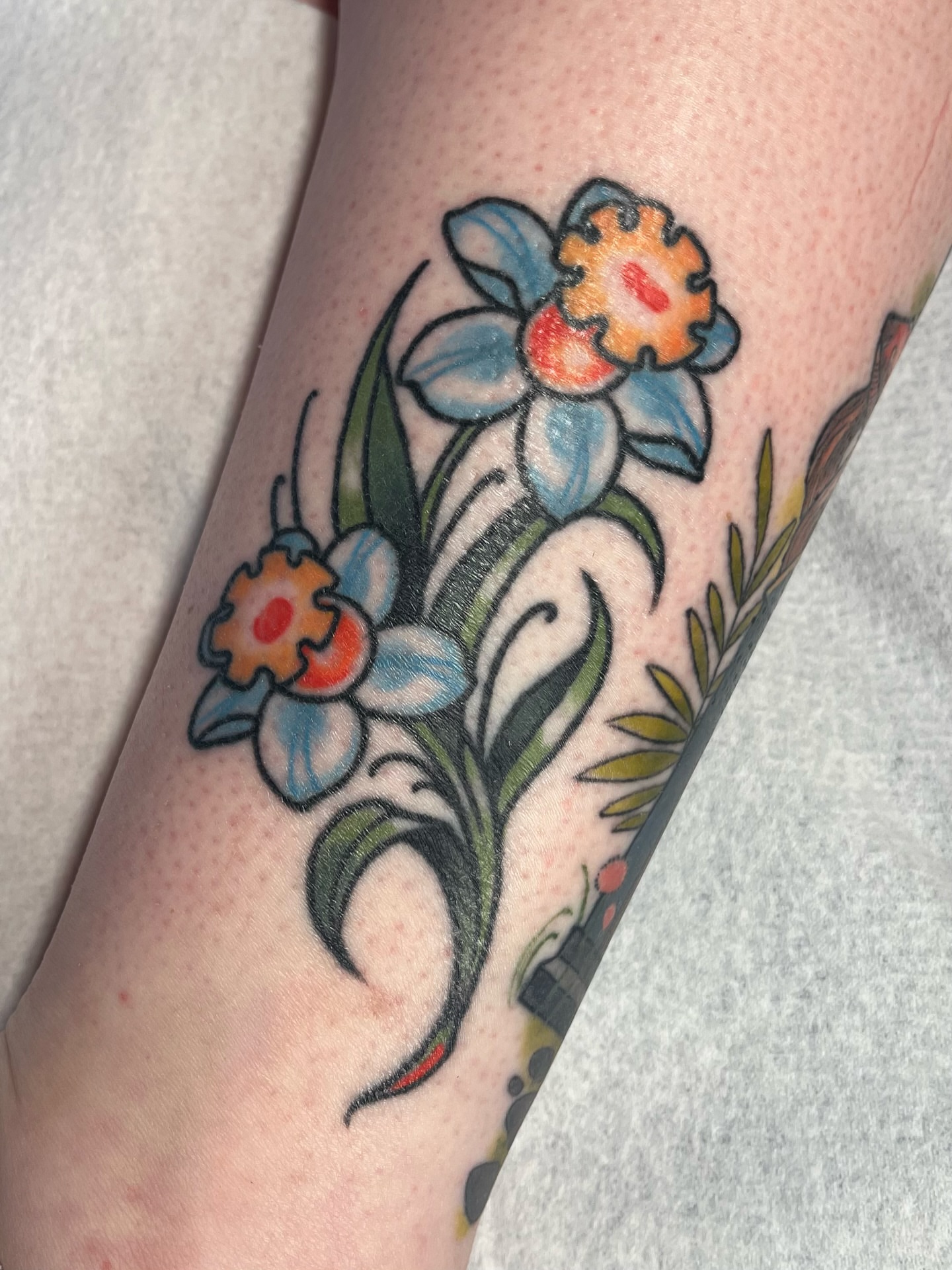 Daffodils American traditional tattoo on the forearm by Allyson Blessing Tattoos