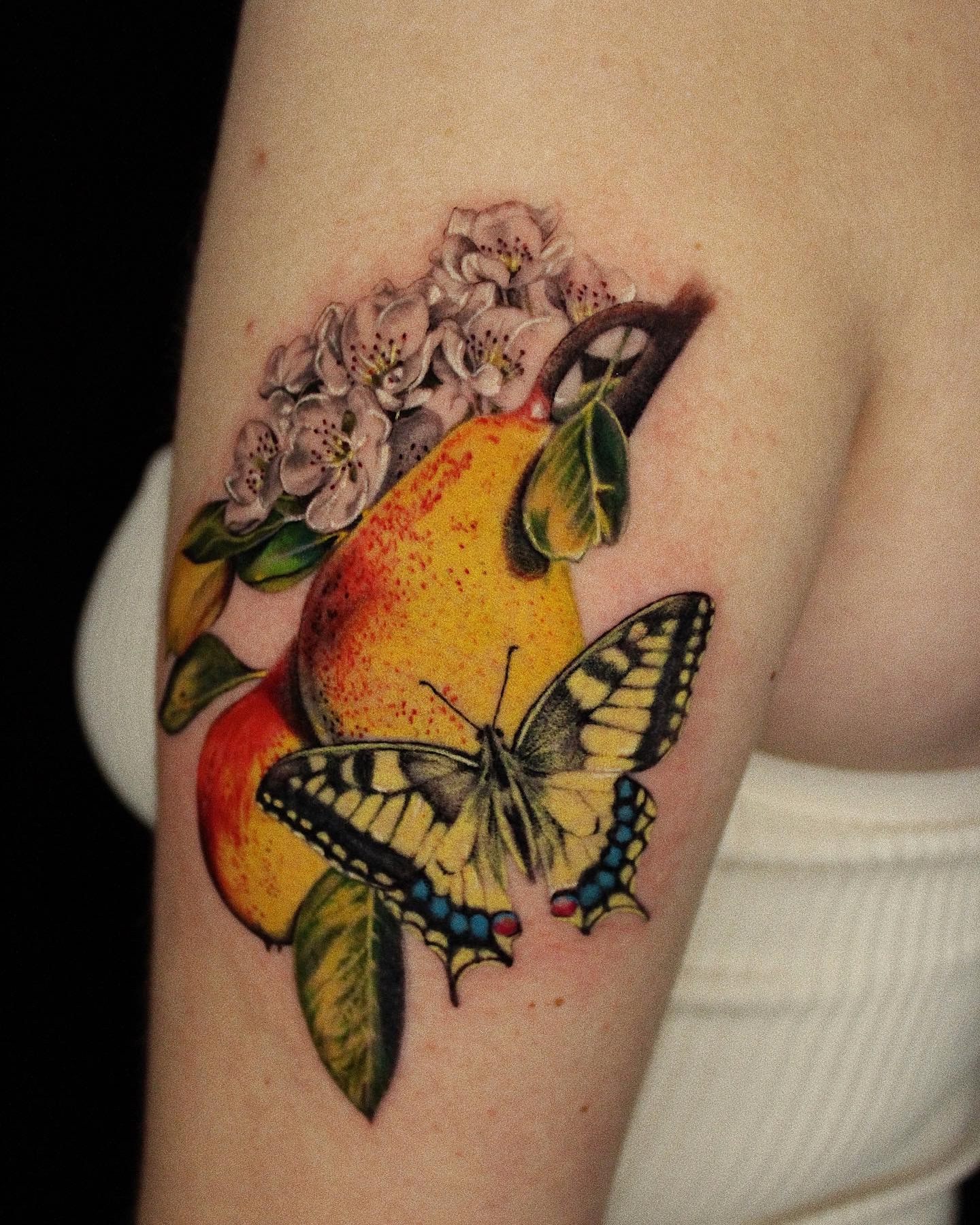 Fruit and butterfly realism tattoo on the forearm by Jiemin Lin
