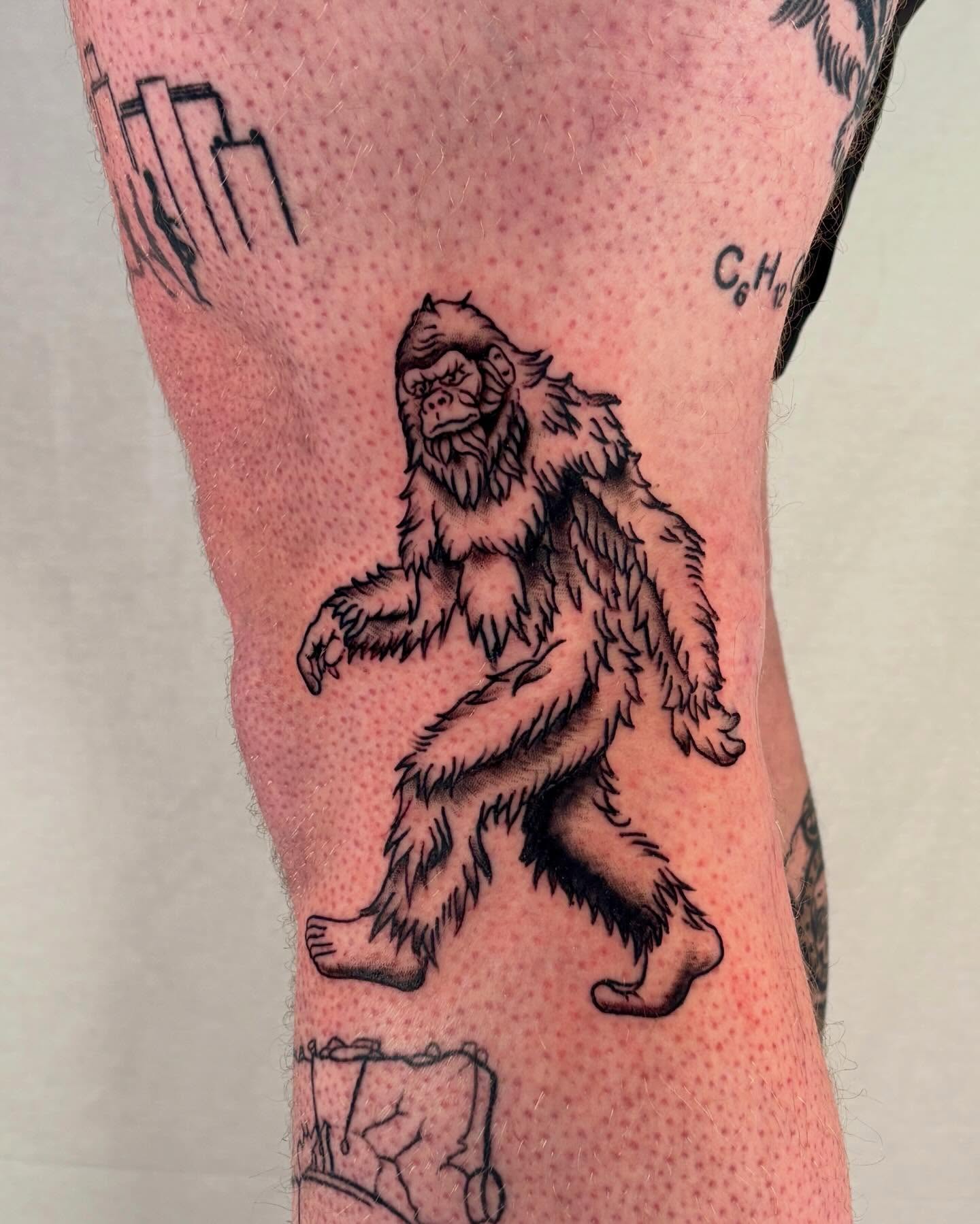 Bigfoot dotwork tattoo on the forearm by Davie Tattoos