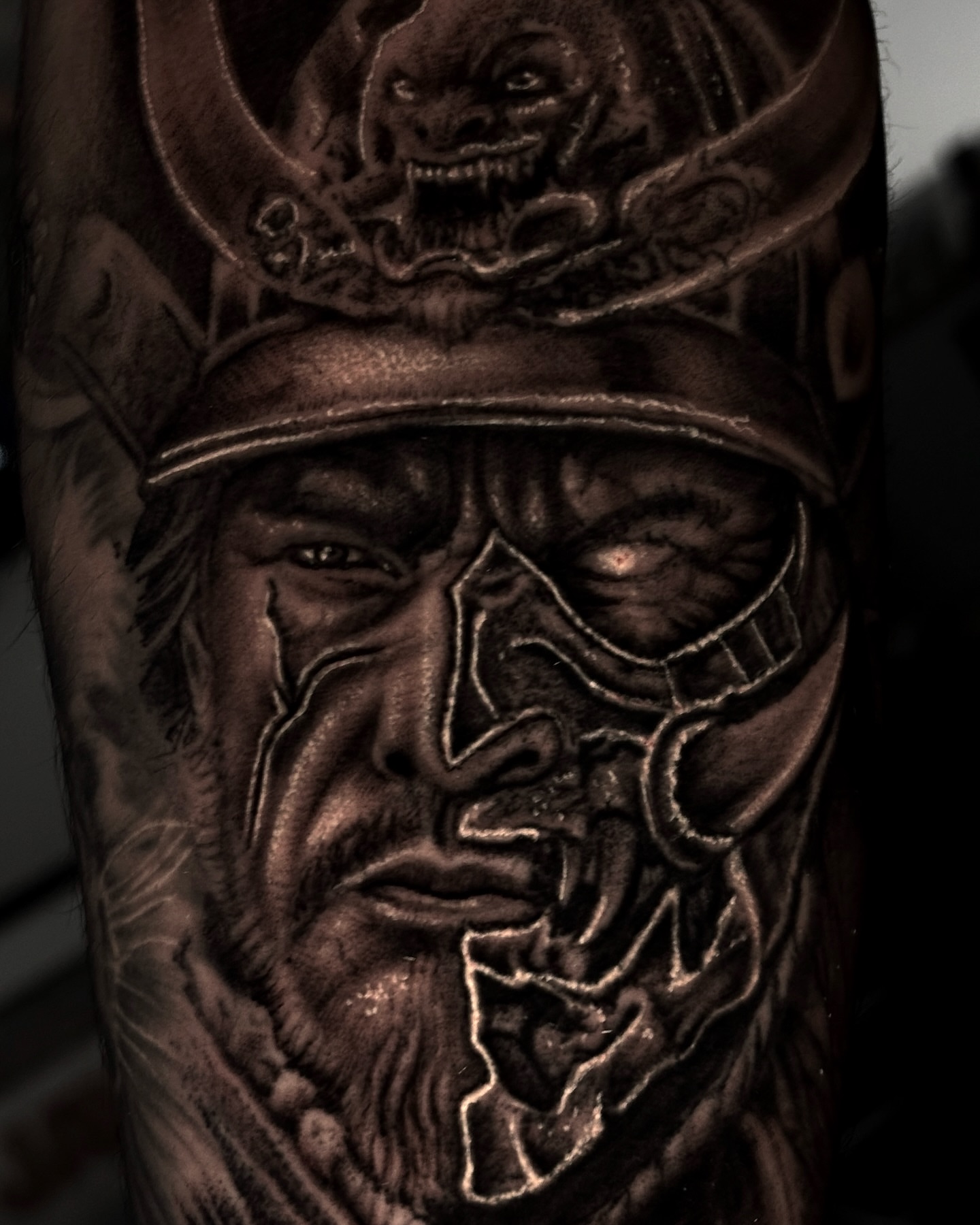 Samurai warrior realism tattoo on the forearm by Trev