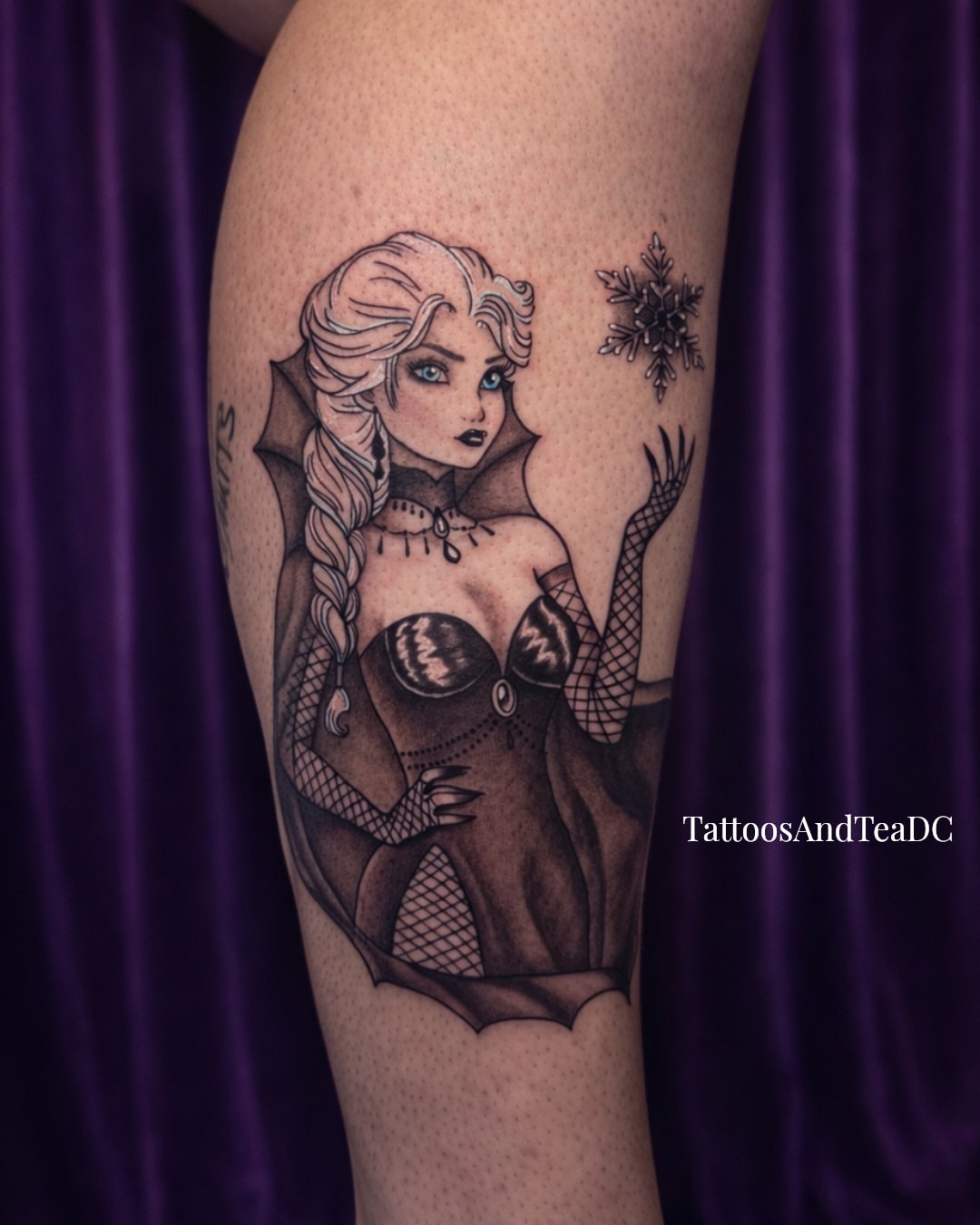 Frozen princess realism tattoo on the thigh by Tattoos & Tea DC, Arlington, Virginia