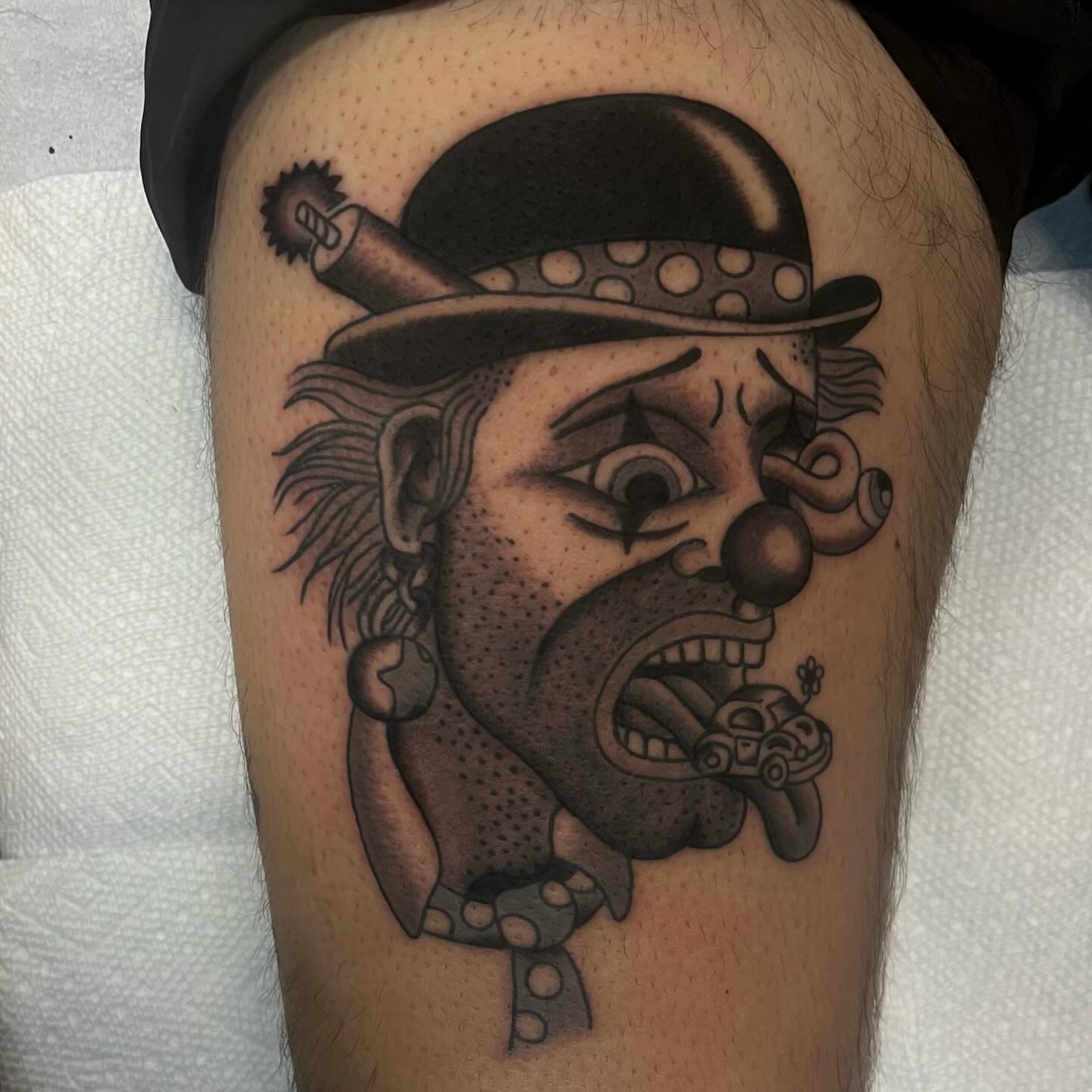 Clown with car in mouth dotwork tattoo on the thigh by Elizabeth Summers ❨・¨⬮ Traditional Tattoo