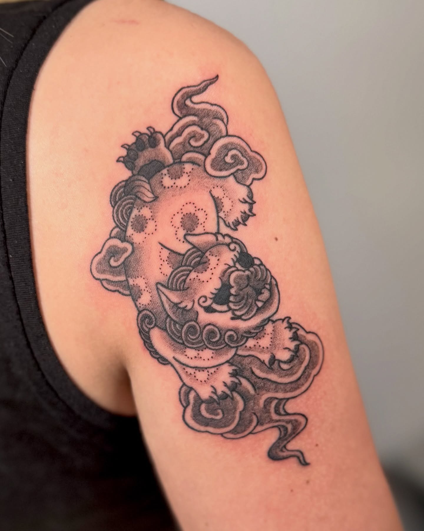 Mythical creature dotwork tattoo on the shoulder by binh