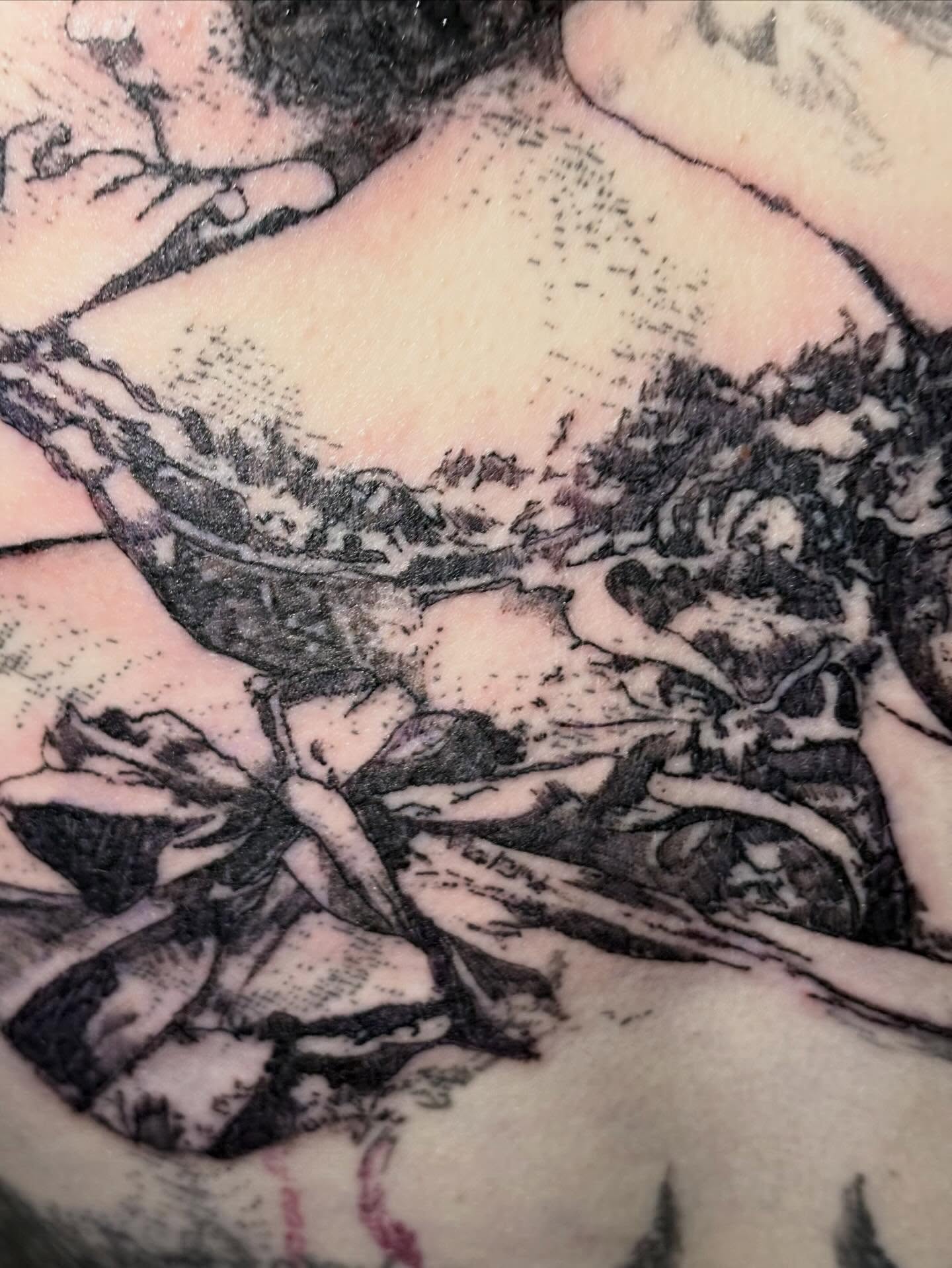 Landscape black and grey tattoo on the back by madeline