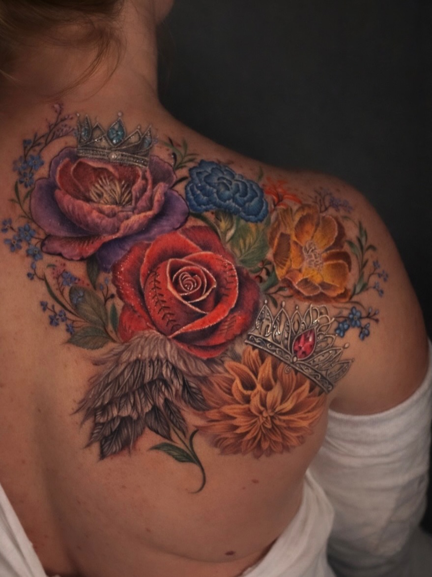 Floral crown realism tattoo on the shoulder by AL 777, Denton, Texas