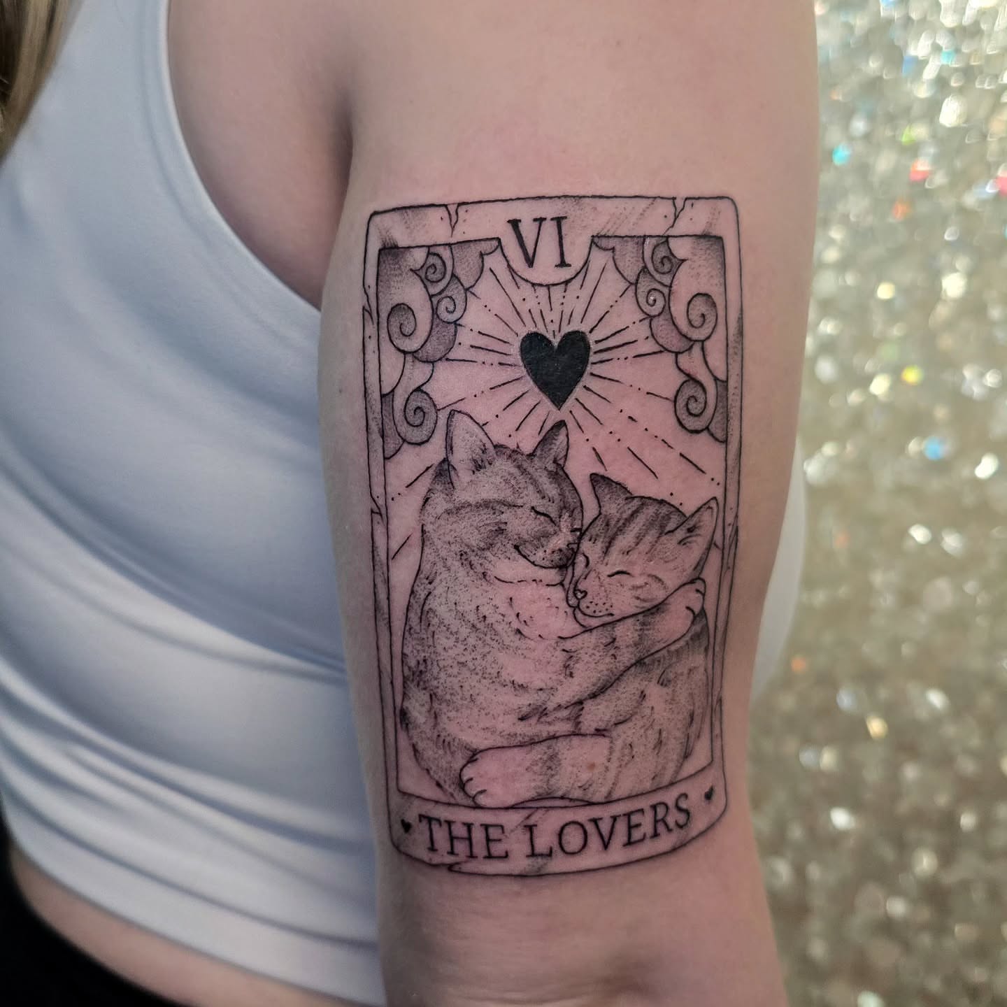 The lovers tarot card dotwork tattoo on the forearm by Hope 🌙, Cincinnati