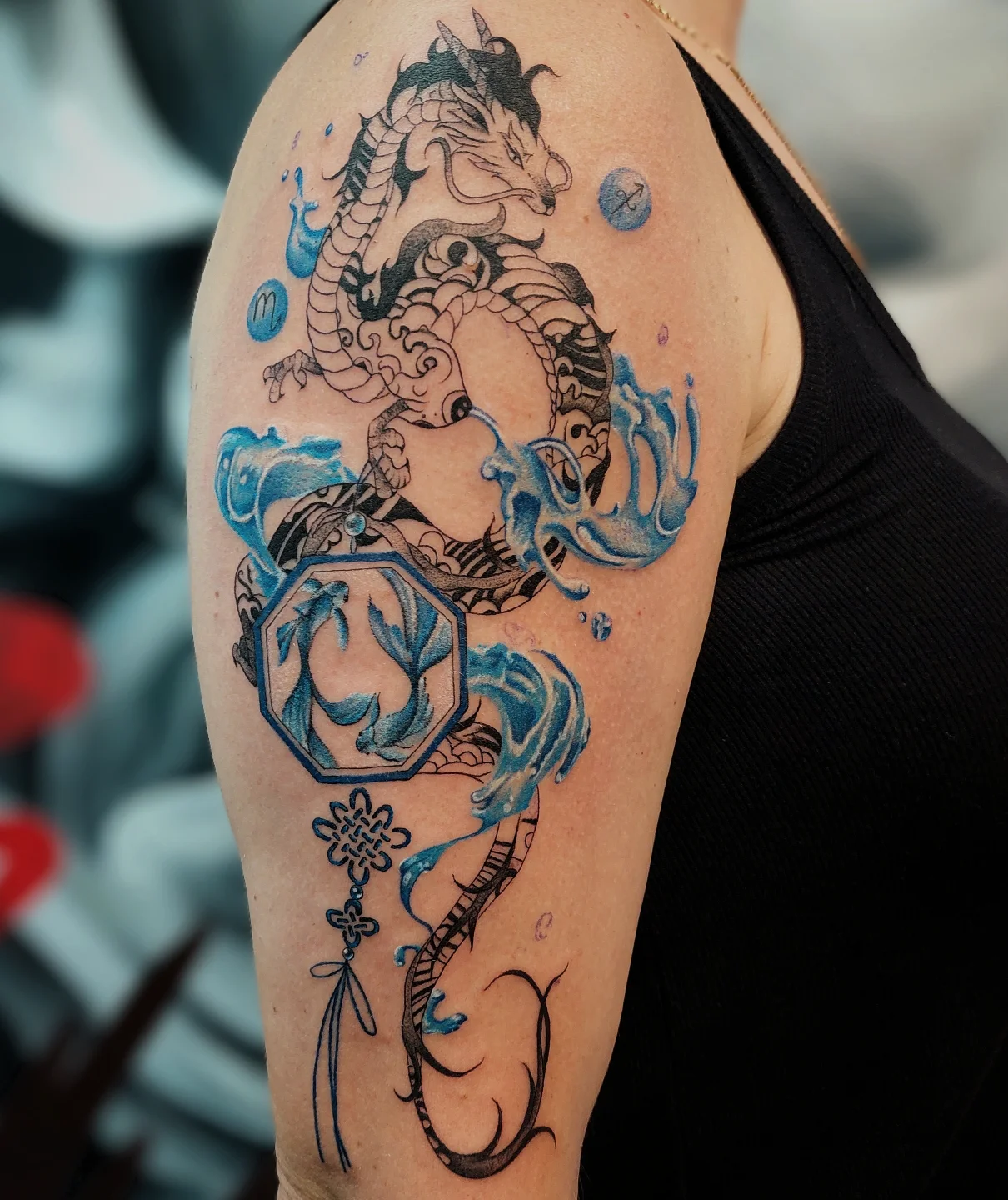 Dragon and octagon japanese irezumi tattoo on the upper arm by Тату Херсон _ Kherson tattoo, Kherson