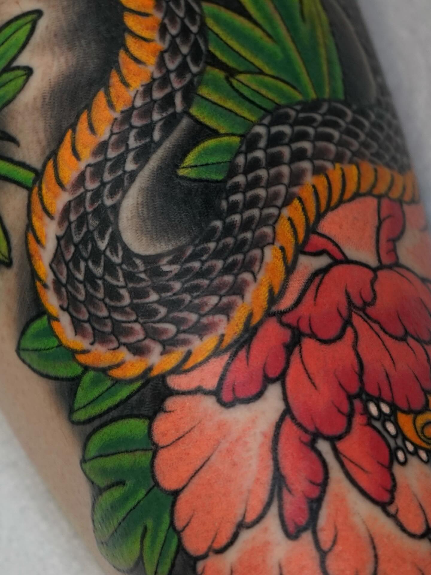 Snake and peony American traditional tattoo on the forearm by Tyler Harrington