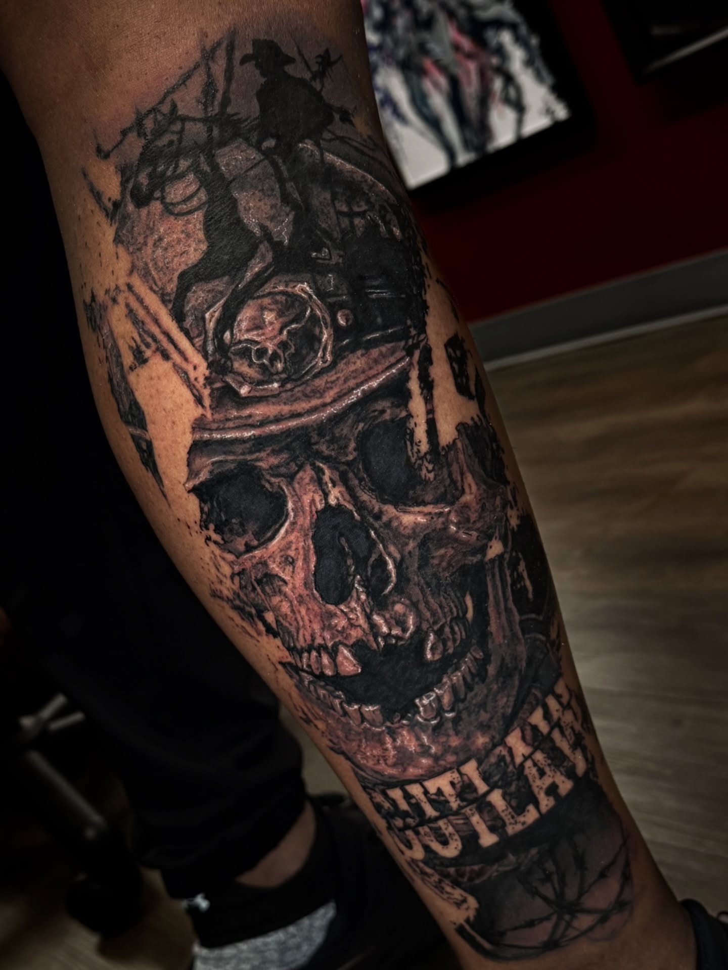 Skull and pirate realism tattoo on the forearm by Maverick Mayes🕷