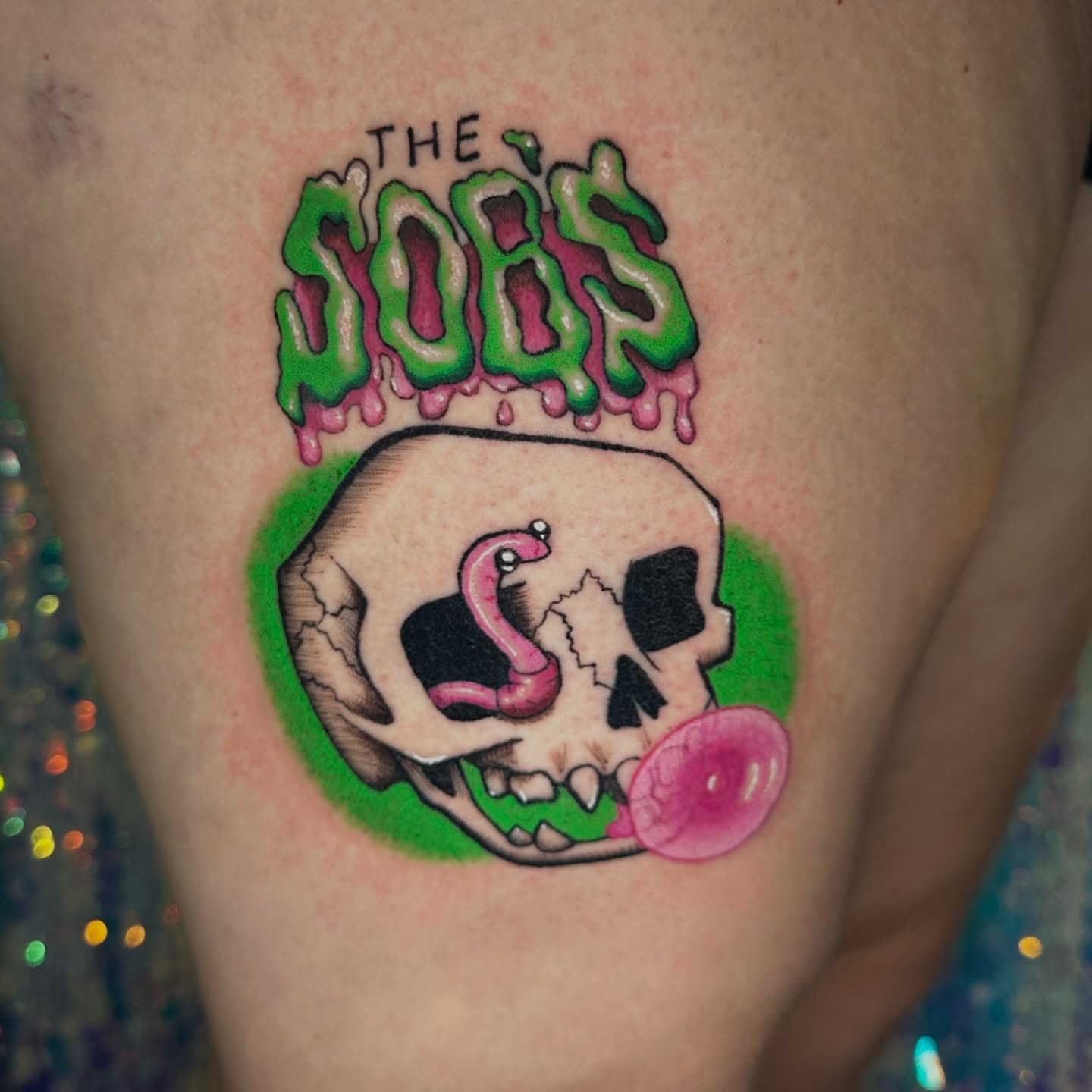 Skull with bubble gum new school tattoo on the thigh by Sunny, Austin, Texas