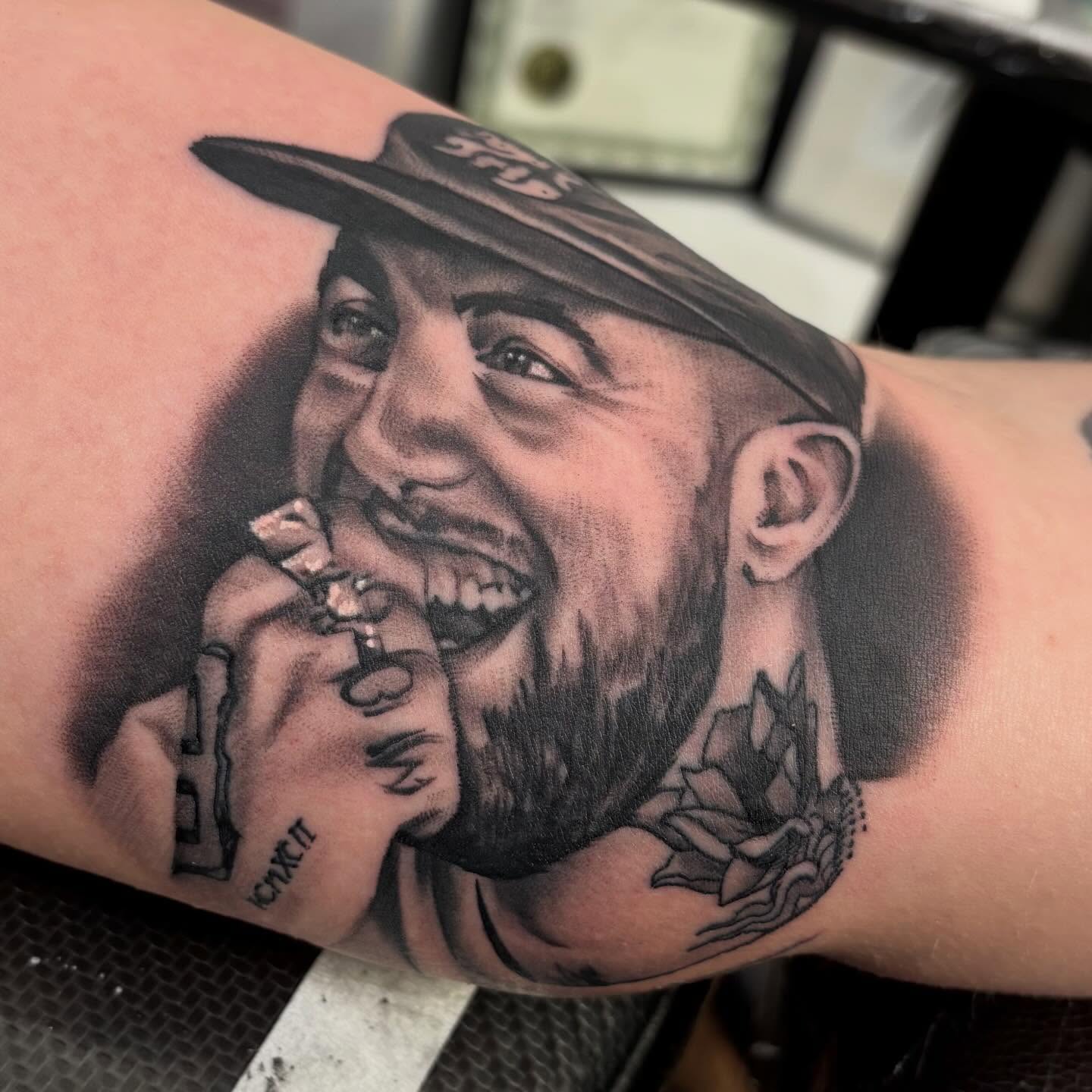 Portrait of a man realism tattoo on the forearm by Mike Doherty, Abington, Massachusetts