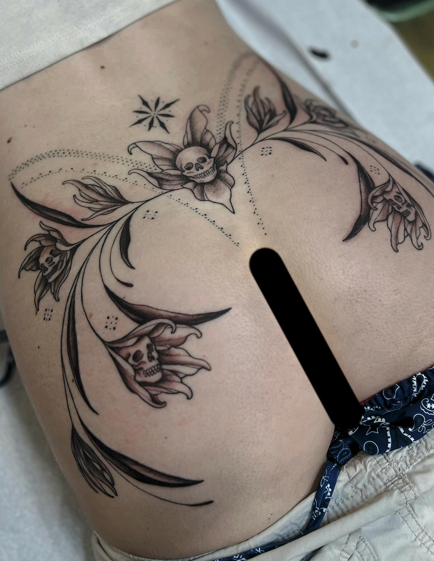 Skulls and flowers black and grey tattoo on the thigh by β
πΈππππ β