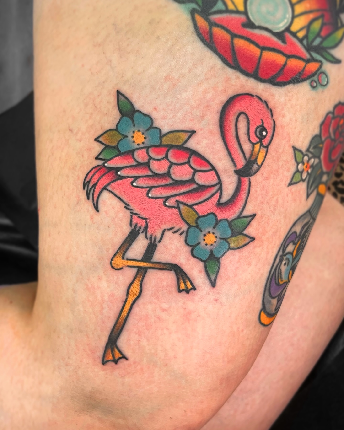 Flamingo American traditional tattoo on the forearm by 𝕬𝖓𝖆𝖇𝖊𝖑𝖑 𝕸𝖔𝖗𝖔