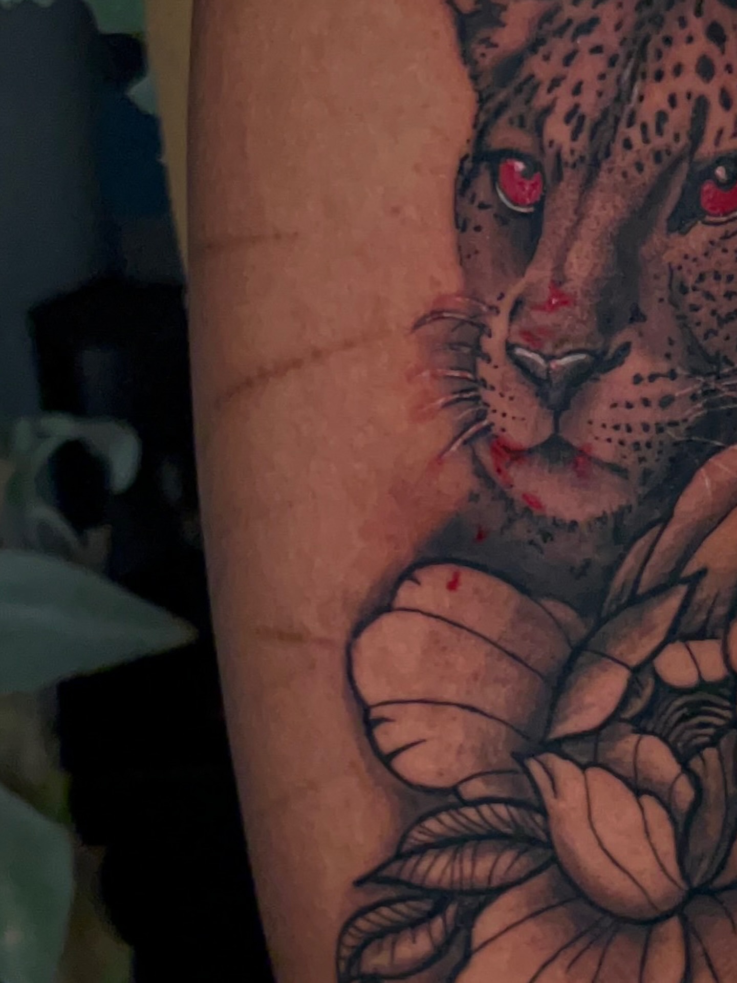 Leopard and flower realism tattoo on the forearm by Unknwn Ink ⭐️